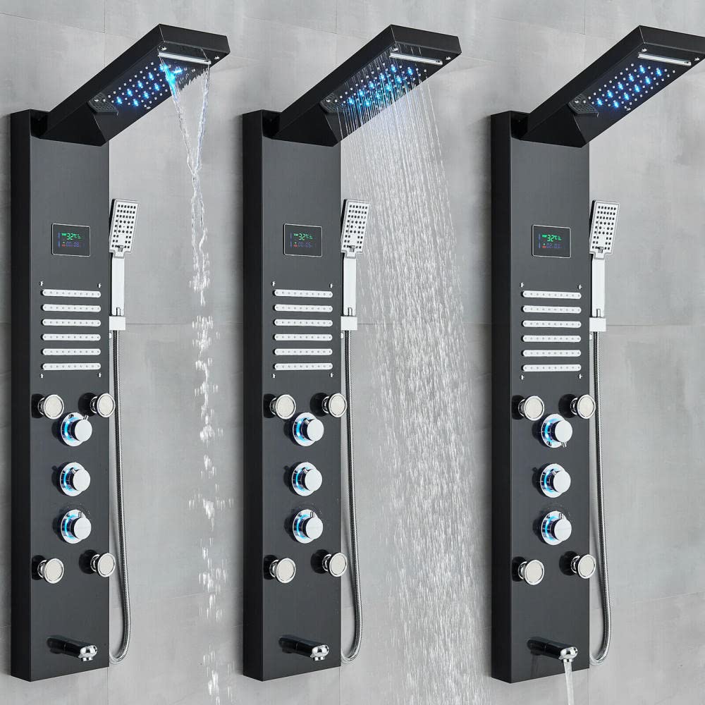 Stainless Steel LED Shower Panel Tower System with Rain & Waterfall Massage Nozzles - Modern Bathroom Upgrade for Spa-Like Experience at Home