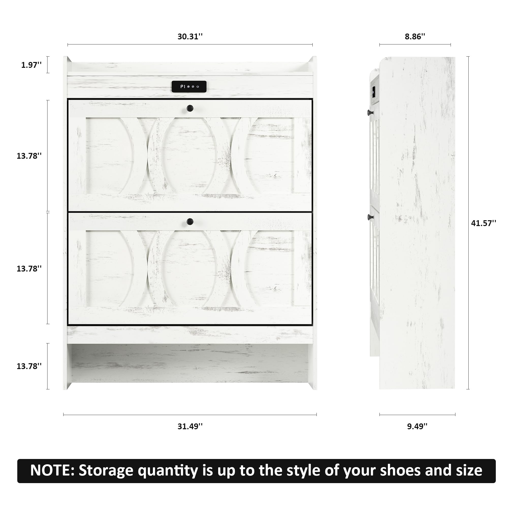 VFF Shoe Storage Cabinet with 2 Flip Drawers - Freestanding Shoe Organizer with Wooden Legs - Narrow Shoe Rack for Hallway, Bedroom & Entryway - Rustic White Finish - Perfect for Small Spaces & Clutter-Free Home Organization