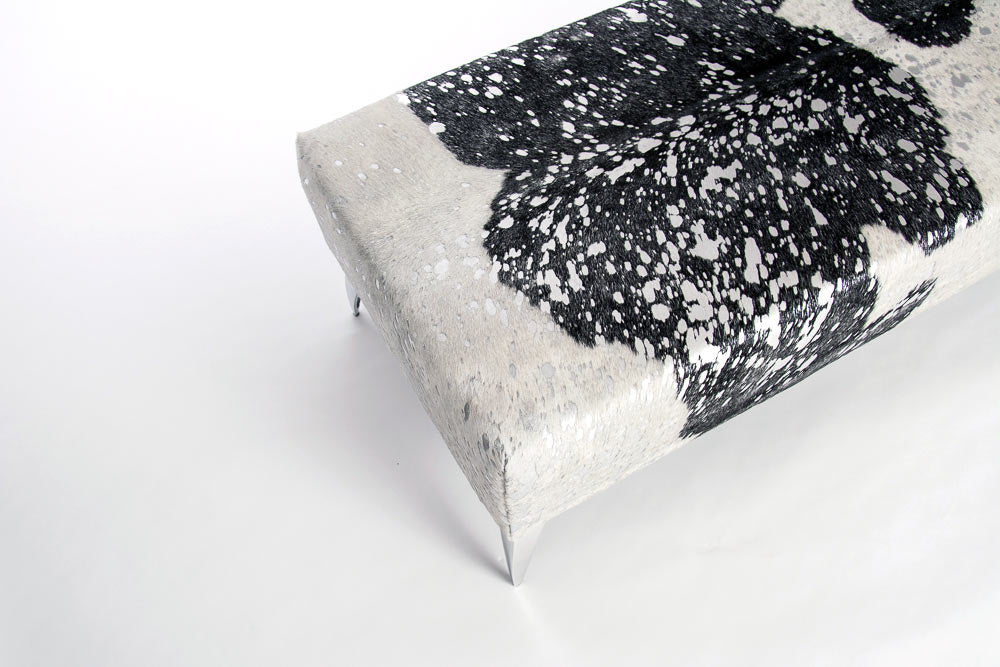 Premium Cowhide Ottoman with Silver Metallic Finish & Sturdy Aluminum Legs - 51