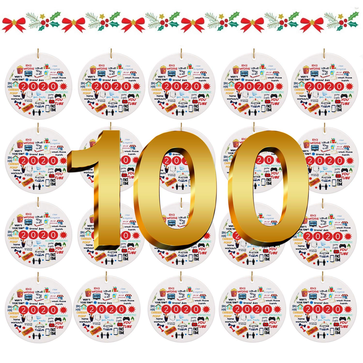 Labato 2020 Christmas Ornament - Ceramic Funny Holiday Decorations with COVID-19 Theme, Personalized Annual Events Keepsake for Xmas Tree (100-Pack) - Perfect for Home, Office & Gift Giving During the Pandemic
