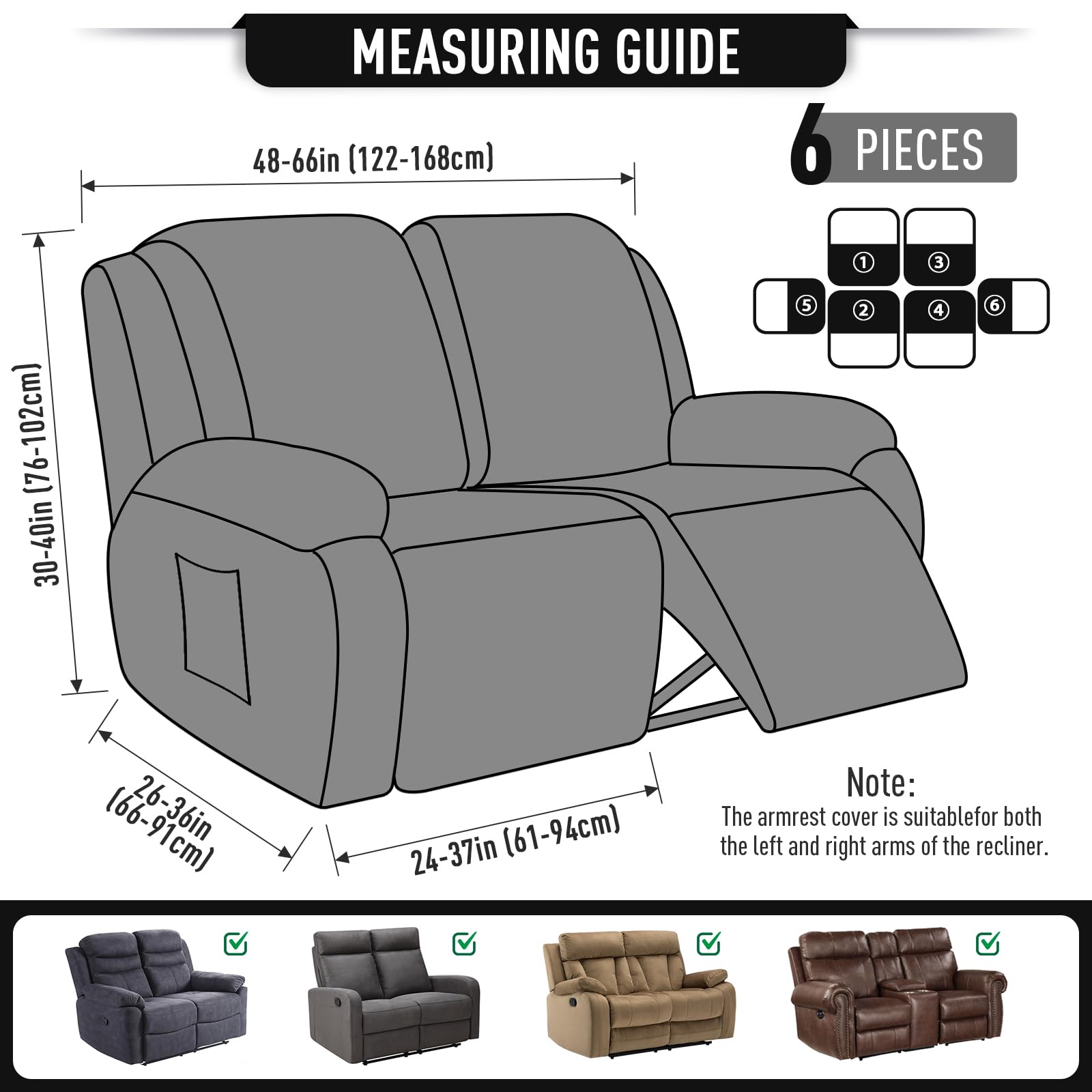 TAOCOCO 6-Piece Recliner Loveseat Slipcover - Stretchable Jacquard Sofa Cover for Dual Reclining 2-Seater Couches, Soft Furniture Protector with Elastic Edges (Black) - Perfect for Living Room, Family Room & Home Theater Seating Protection