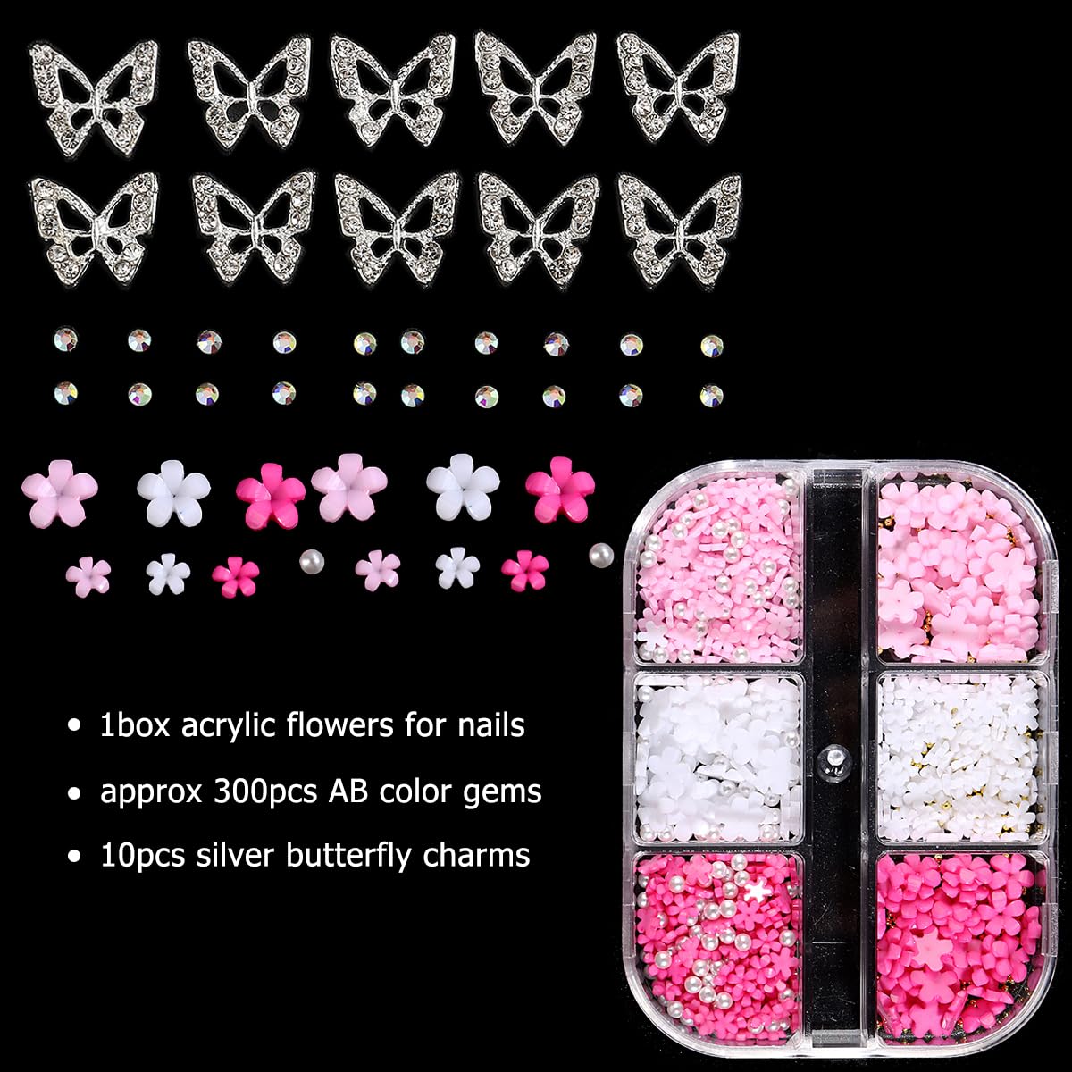 3D Flower Nail Charms Kit with Metal Butterflies & Acrylic Gems - Y2K Nail Art Decorations for DIY Manicure | Perfect for Party, Wedding, and Festival Nail Designs