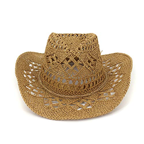 Stylish Unisex Wide Brim Straw Cowboy Hat - Breathable Handmade Summer Beach Sun Hat for Women & Men - Western Sunshade Cap for Outdoor Travel, Vacations & Gardening (Brown)