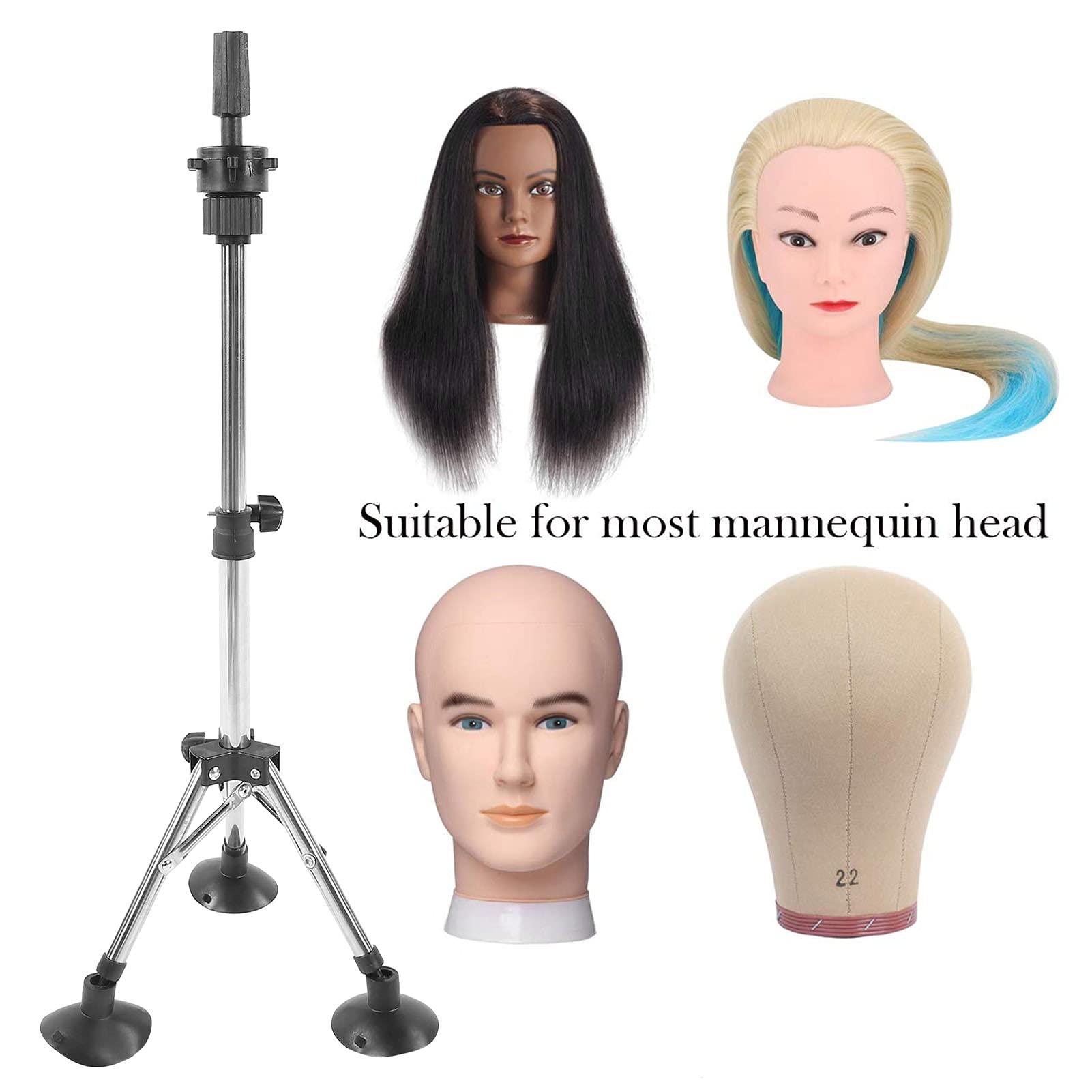 Adjustable Foldable Metal Wig Mannequin Head Stand Tripod - Sturdy Salon & Barber Shop Display for Hairstyling Practice & Training (Silver)