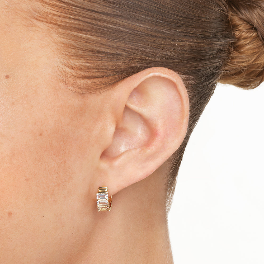 White Topaz Baguette Textured Gold Huggie Earrings for Women - Elegant Everyday Jewelry for Work, Date Night & Special Occasions