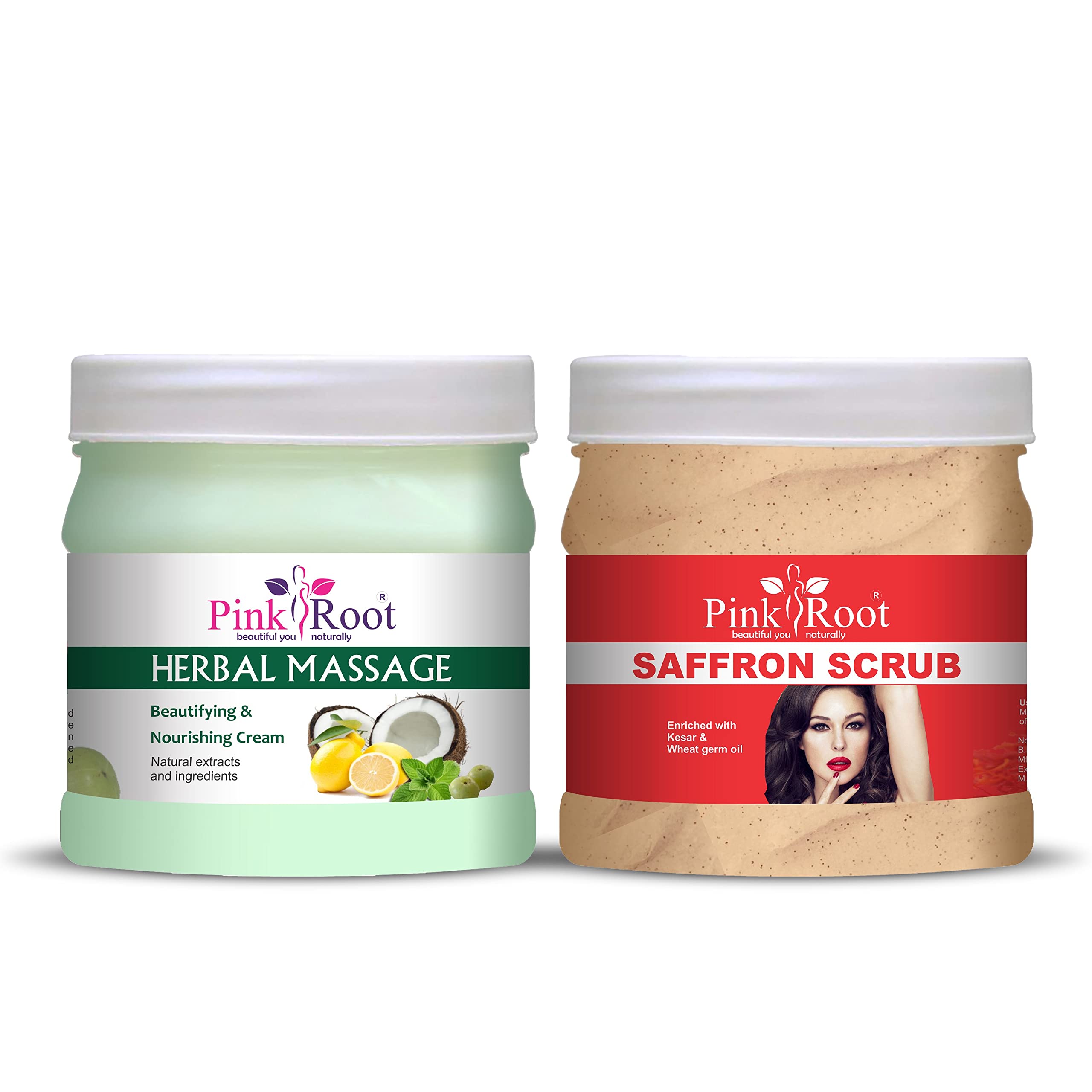 Pink Root Herbal Massage Cream & Saffron Scrub Set - 500gm Each for Relaxation & Skin Exfoliation | Perfect for Spa Days & At-Home Self Care