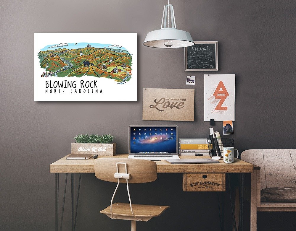 Blowing Rock North Carolina Line Drawing Art - 16x24 Wrapped Canvas Wall Decor for Living Room, Bedroom & Office | Landscape Artwork, Home Decoration Gift