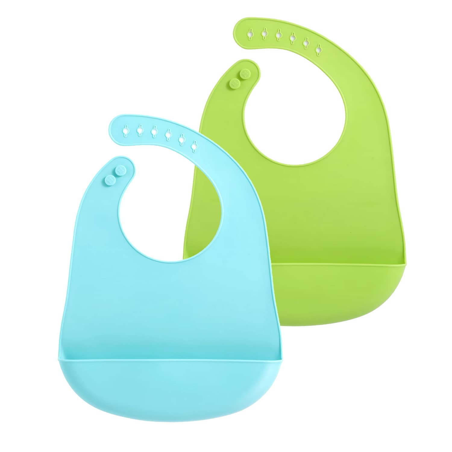 PandaEar 2 Pack Ultra Thin Silicone Baby Bibs with Adjustable Neck & Food Catcher Pocket - Soft, Waterproof, Lightweight Feeding Bib for Infants & Toddlers - Unisex, Non-Messy (Blue Green) - Perfect for Mealtime, Travel & Daycare Use