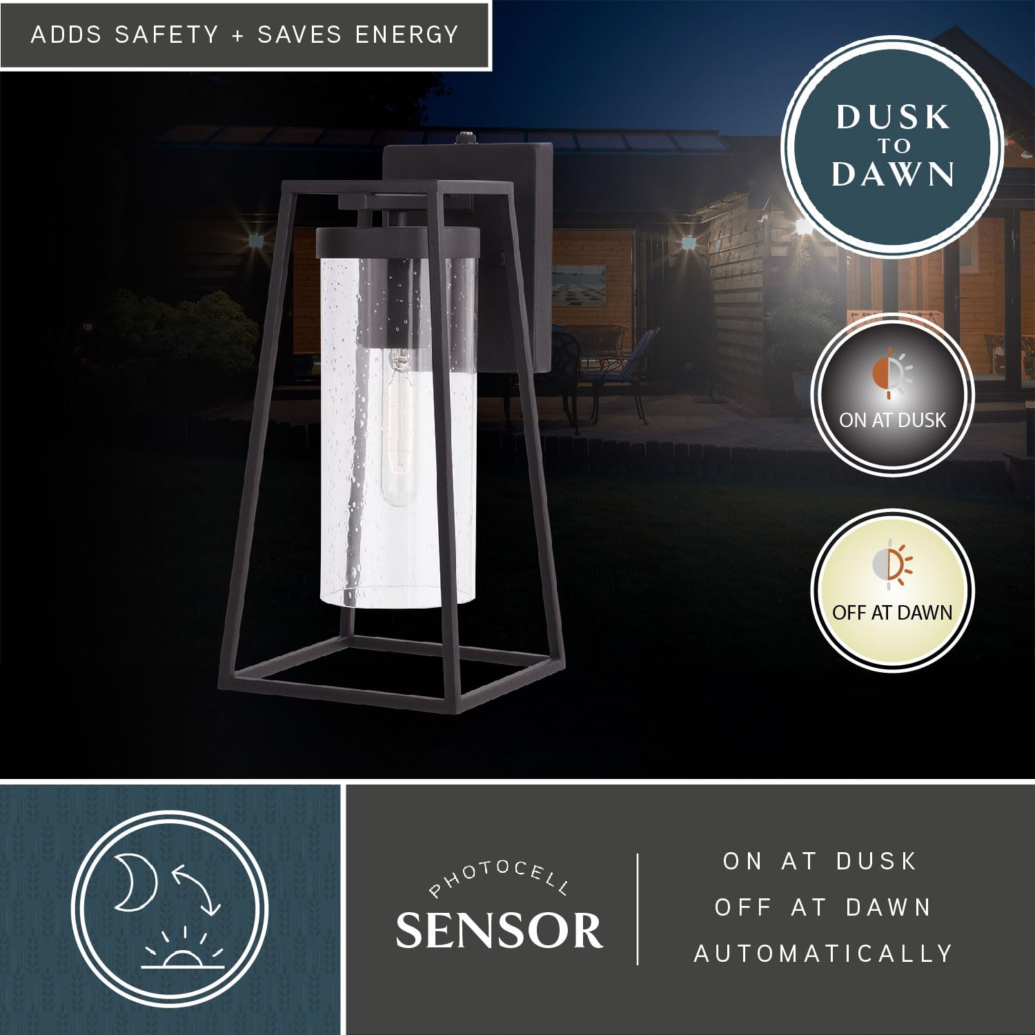 VAXCEL Nash 6.5-inch Black Modern Outdoor Wall Lantern with Dusk to Dawn Photocell Sensor - 1-Light Wall Sconce with Clear Seeded Glass for Porch, Patio, Garden & Entryway Lighting