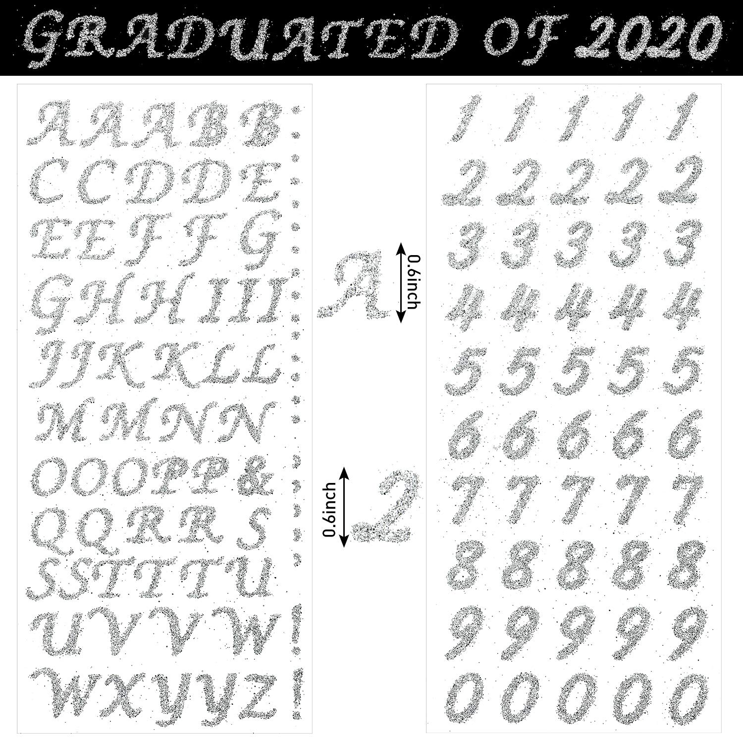 5 Sheets Graduation Cap Stickers - Glitter Alphabet Letter & Rhinestone Number Stickers for DIY Grad Cap Decoration (Silver) | Perfect for Graduation Parties, Photo Props & Craft Projects