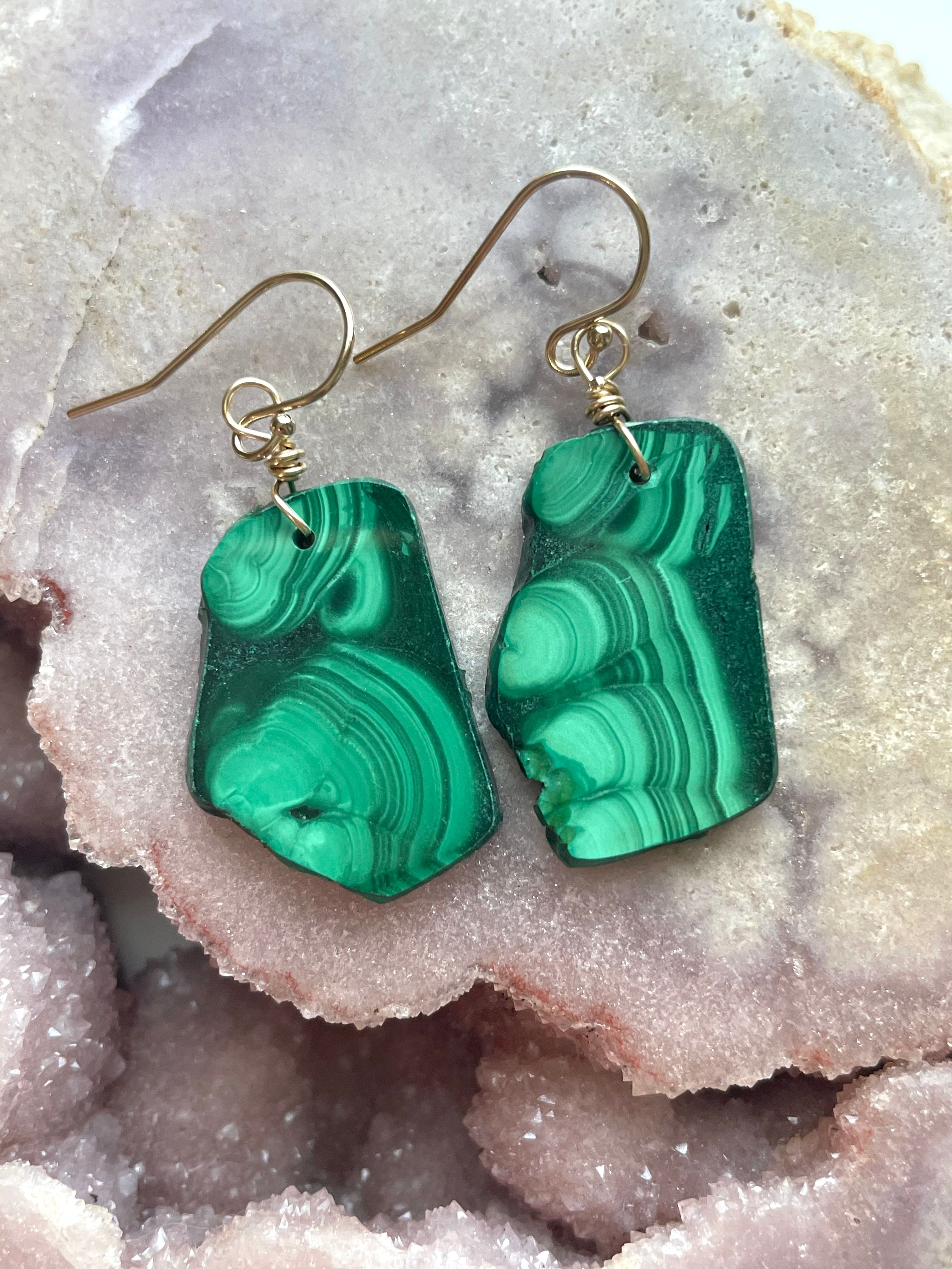 14kt Gold Filled Malachite Crystal Dangle Earrings | Healing Stone Jewelry for Women, Boho Chic Accessories for Everyday Wear & Special Occasions