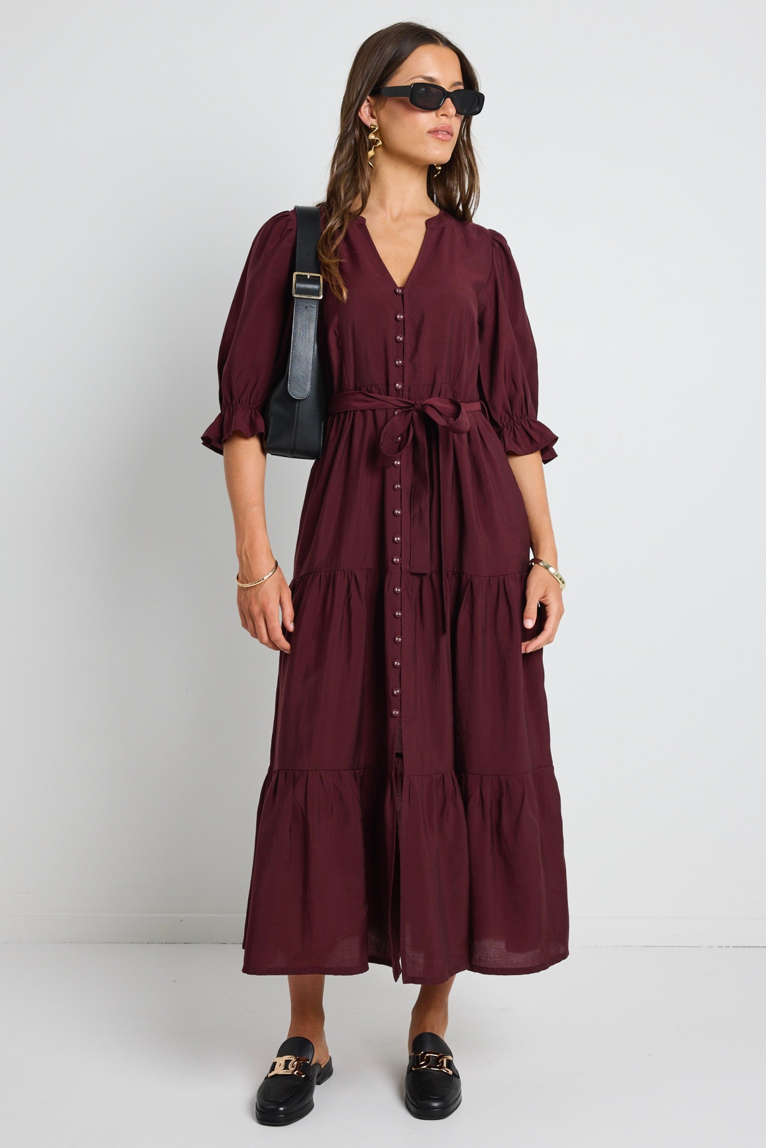 Burgundy Plum SS Button Front Tiered Maxi Dress for Women - Elegant Summer Casual Dress with Flowy Skirt - Perfect for Beach Vacations, Date Nights & Outdoor Parties