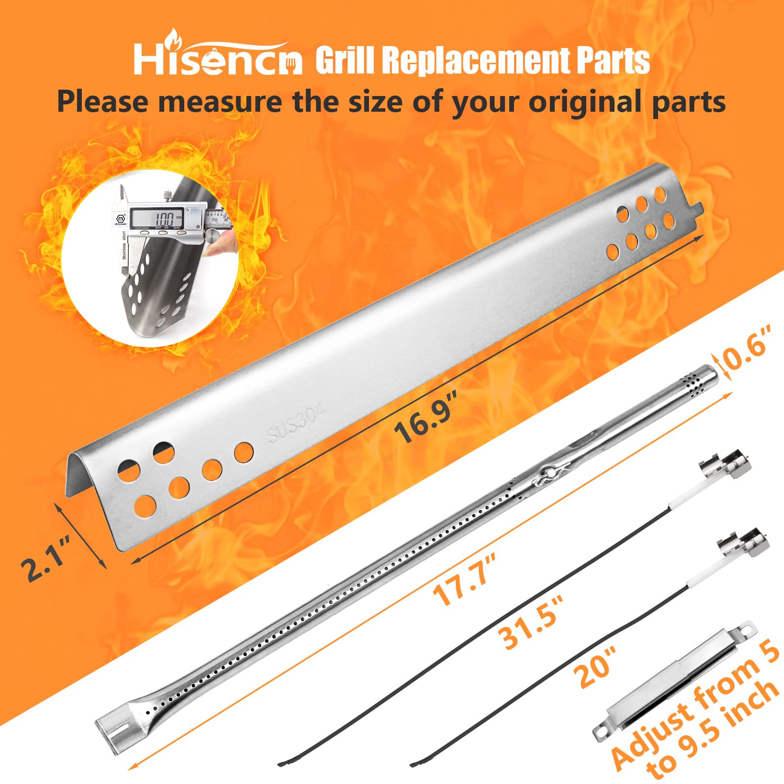 Hisencn 304 Stainless Steel Grill Replacement Parts for Charbroil Performance 5 Burner (Models 463347519, 463347518, 463347017) - Compatible with G470-5200-W1 Burner & G470-0004-W1A Heat Plates - Durable Cooking Grates for Outdoor BBQ, Camping & Backyard Parties