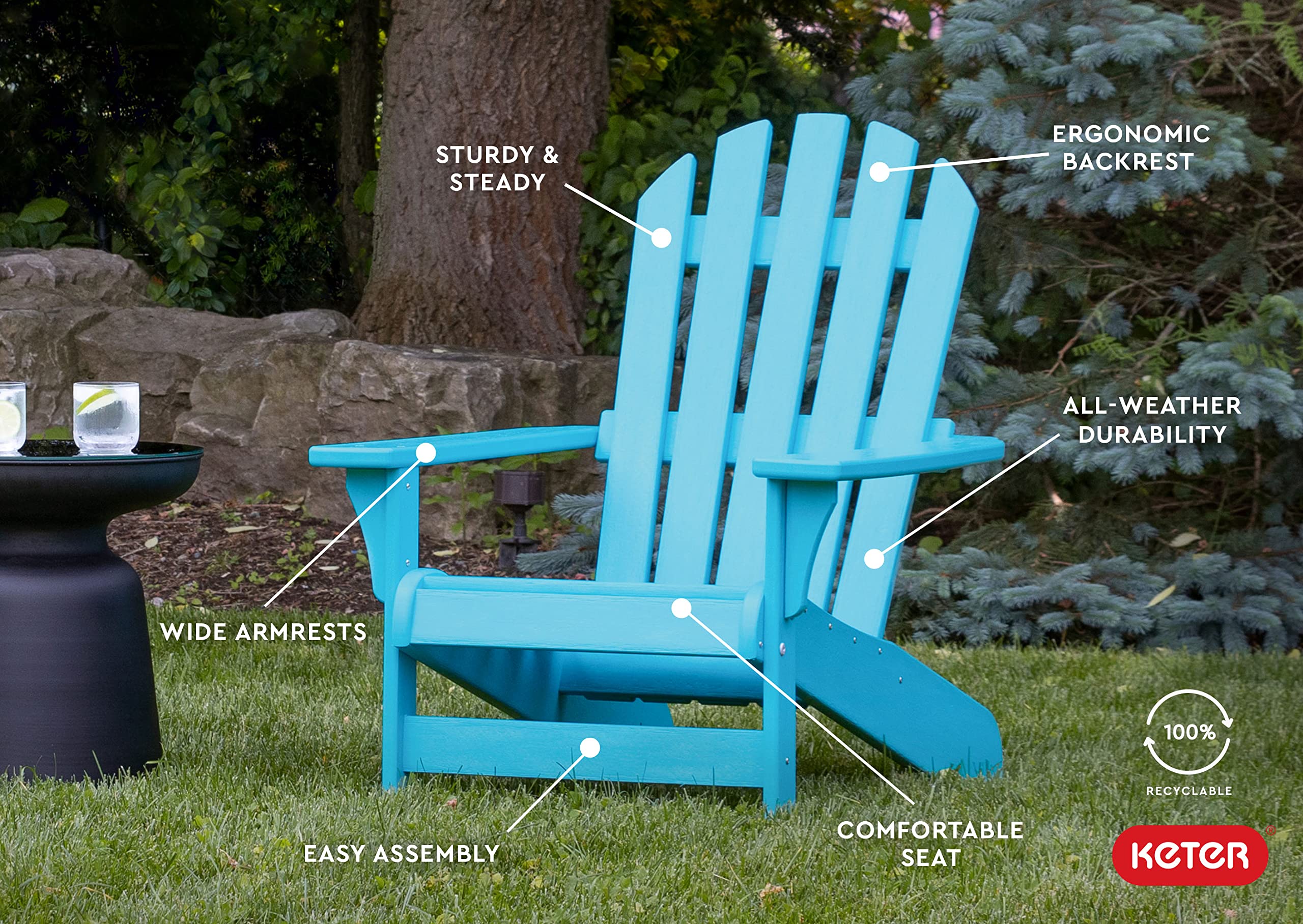 Keter Tahoe Adirondack Chair - Weatherproof Outdoor Furniture for Poolside, Patio & Fire Pit - Easy Assembly Durable Light Blue Chair - Perfect for Backyard Relaxation & Outdoor Entertaining