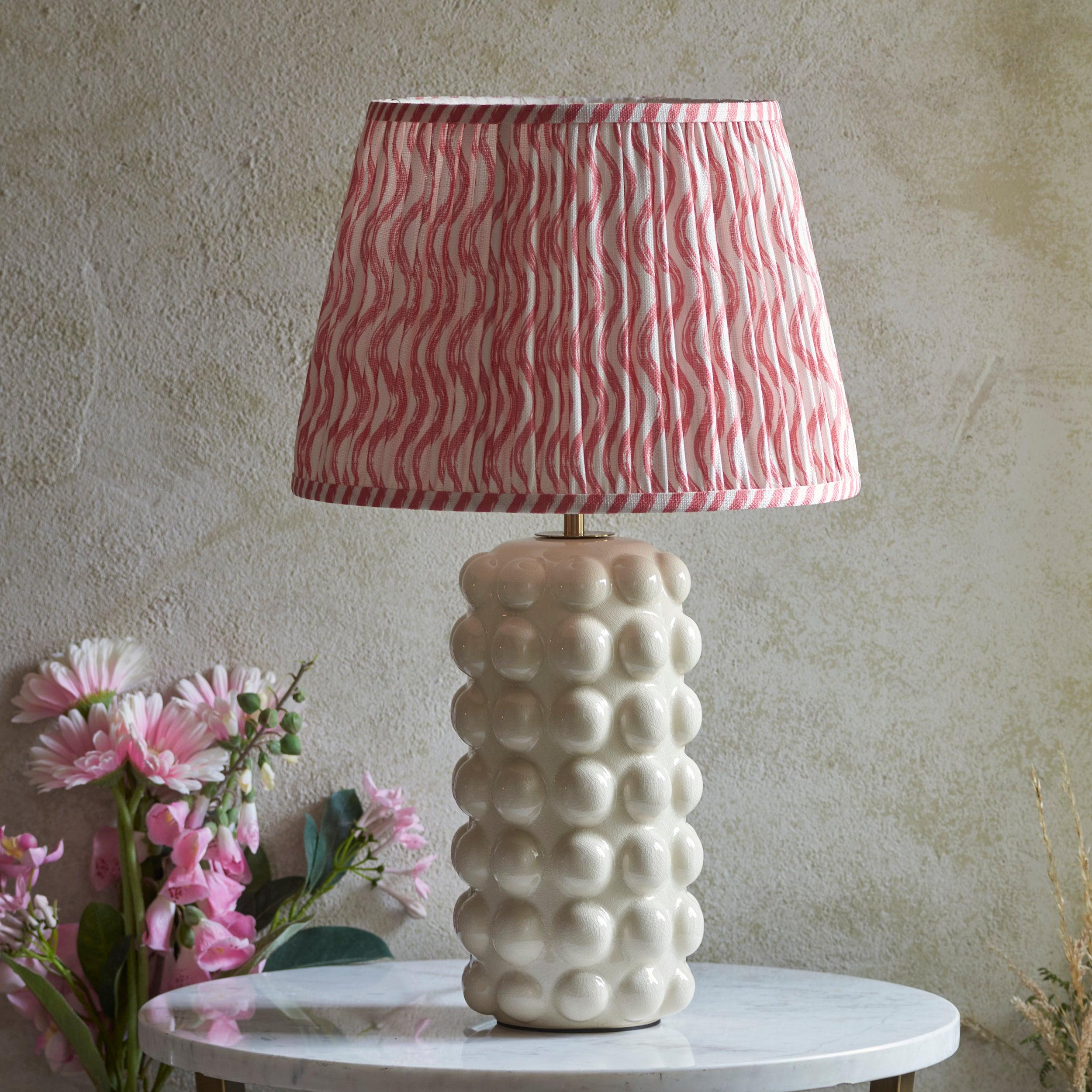 Bobble White Ceramic Table Lamp with 35cm Coral Pink Ripple Shade - Elegant Home & Office Lighting for Living Room, Bedroom, or Study