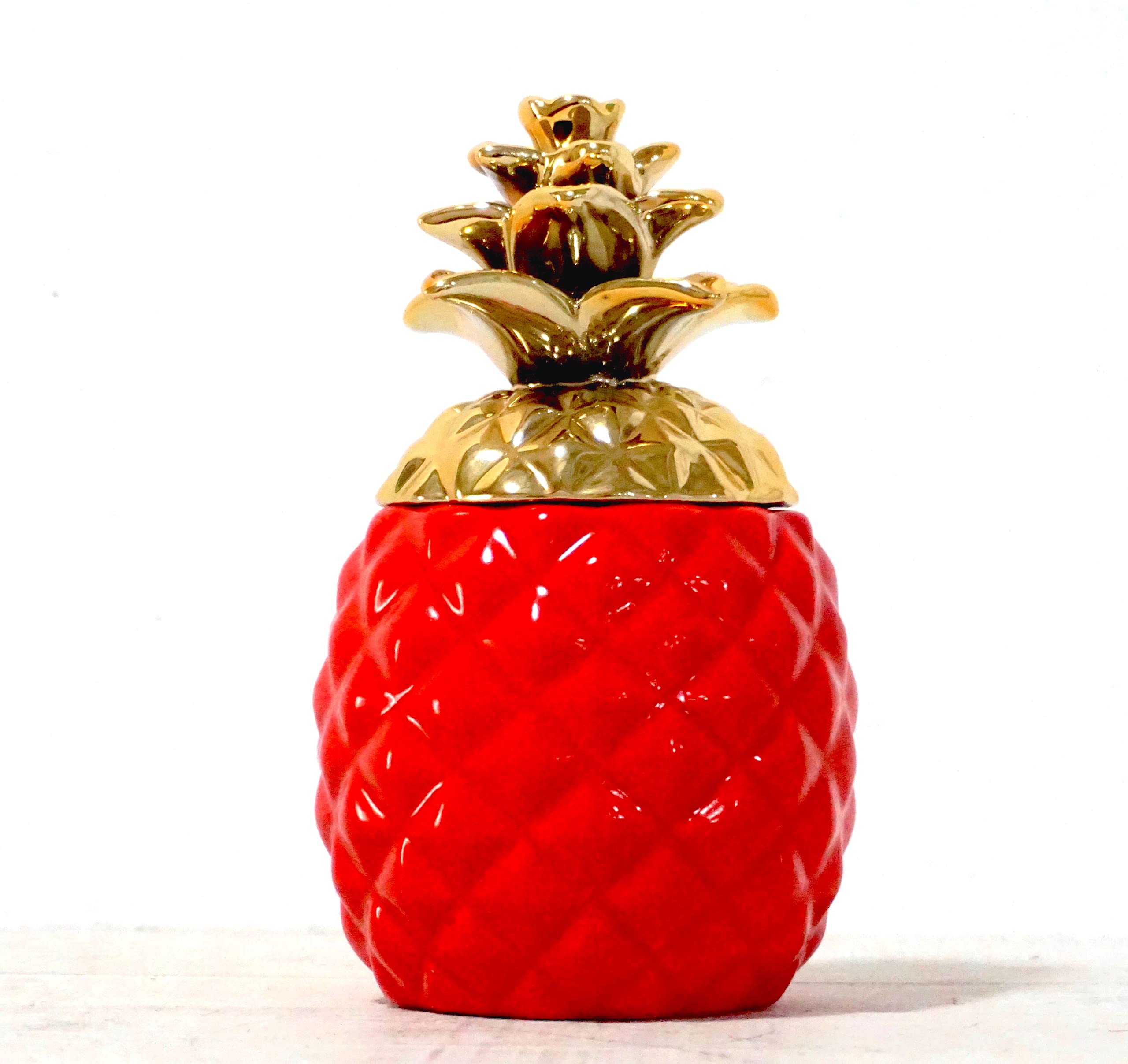 Colorful Pineapple Ceramic Cookie Jar with Lid - Handcrafted Food Storage Container, Aqua Gloss Finish with Gold Metallic Crown - Perfect for Kitchen Counter Decor, Cookie Storage, and Unique Gift Idea (Red)