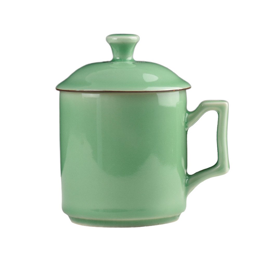 Premium 16-Oz Celadon Green Porcelain Teacups with Lids - Microwave & Dishwasher Safe Coffee Mugs - Elegant Tea Drinking & Coffee Brewing for Home, Office or Gifts (Green-001)
