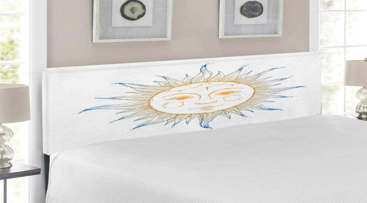Ambesonne Sun Headboard - Hand Drawn Tribal Aztec Star Design with Memory Foam Upholstery, King Size Bed Frame in Apricot Blue White - Perfect for Bohemian & Eclectic Bedroom Decor