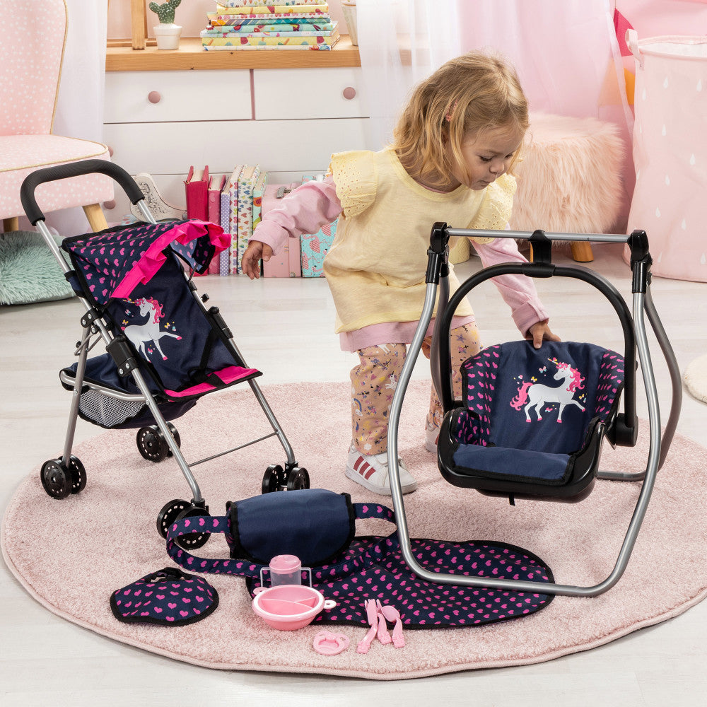 Bayer Design Dolls: 11 Piece Stroller Accessory Set - Navy, Pink, Hearts & Unicorn Patterns | Perfect for Baby Doll Carriage & Stroller Playtime