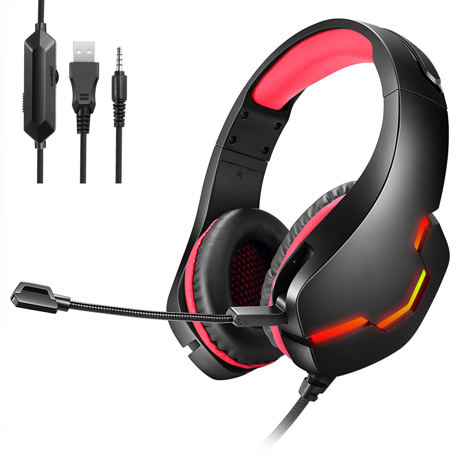 TYUOBOX Gaming Headset with Microphone - Noise Cancelling Over Ear Headphones with LED Lights & Deep Bass for PS5, PS4, Xbox Series X/S, PC, Nintendo Switch - Wired Gaming Headset for Online Gaming, Streaming & Esports (Red)