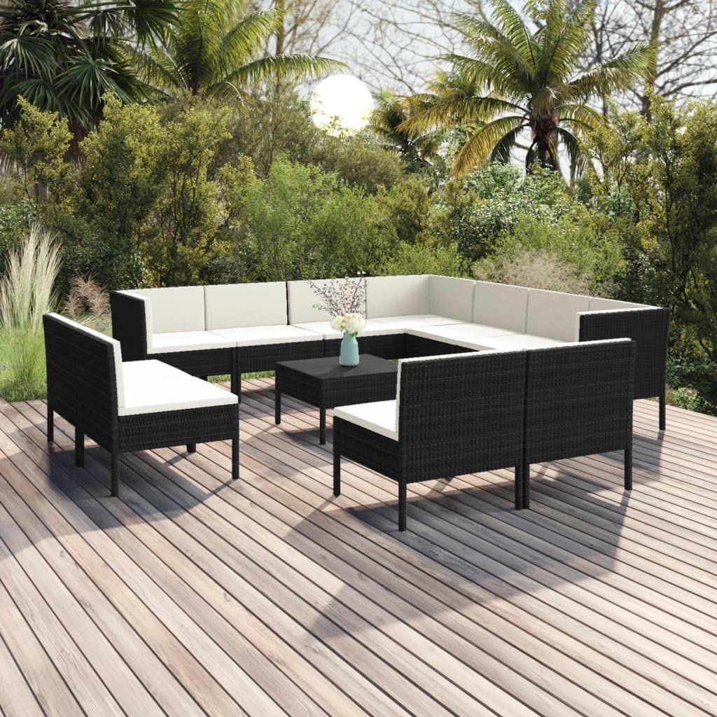 12-Piece VidaXL Patio Lounge Set with Cushions - Black Poly Rattan Outdoor Wooden Sofa Seating for Garden, Terrace & Backyard Relaxation