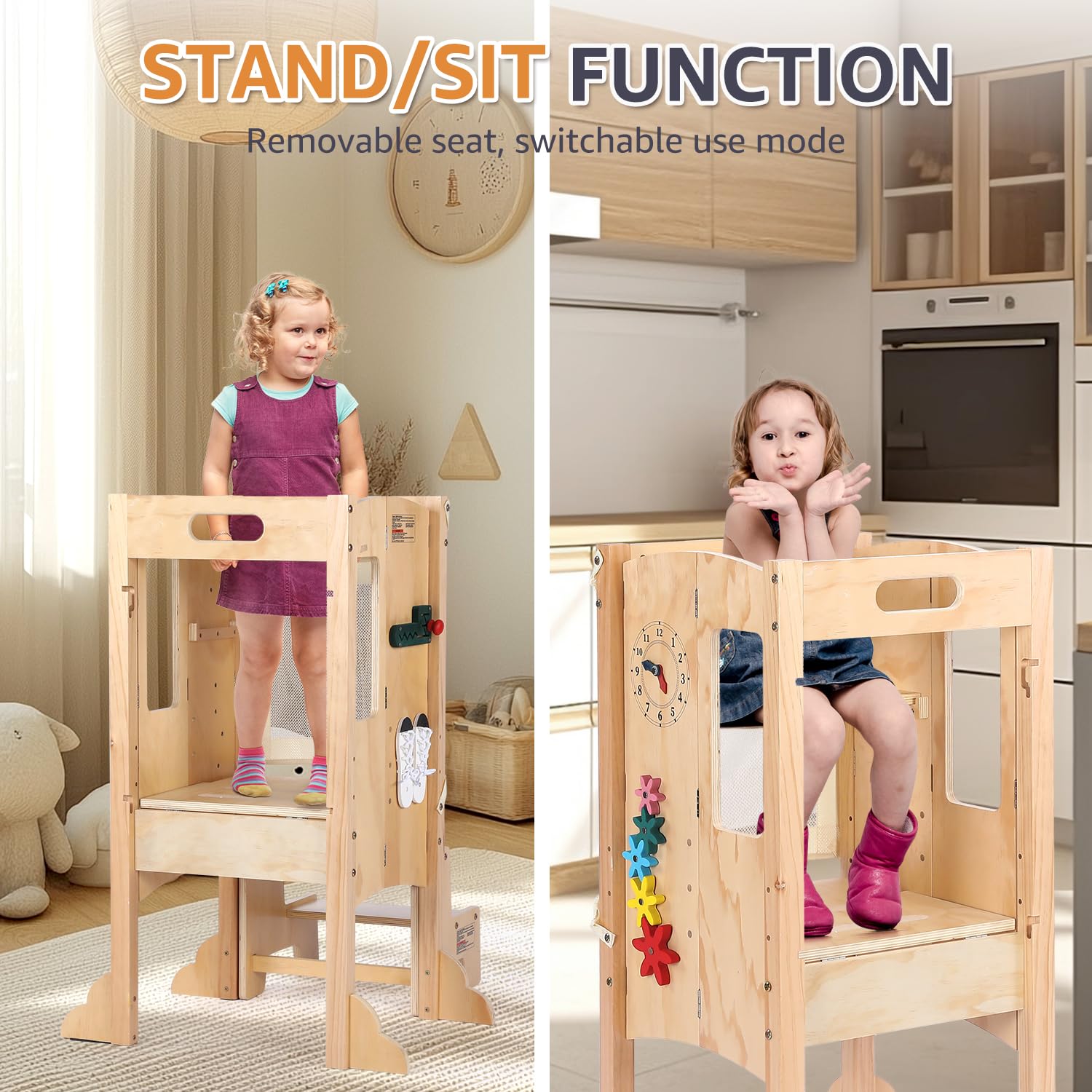 **Foldable Toddler Tower & Step Stool - Adjustable Height Montessori Learning Tower with Blackboard & Toys for Kitchen, Playroom & Homeschooling**