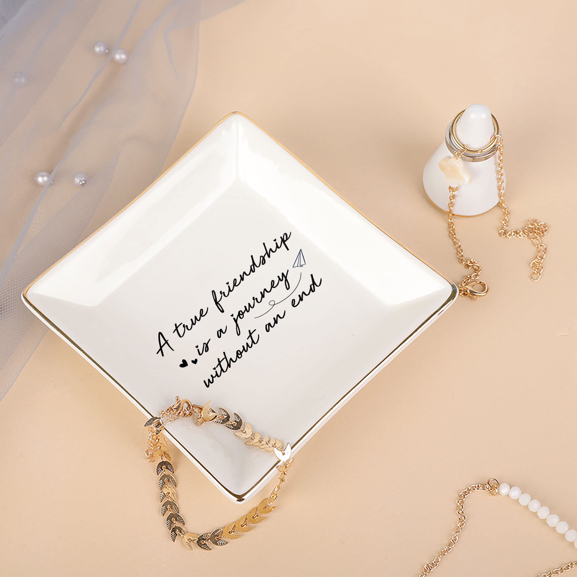 True Friendship Ceramic Trinket Tray - Jewelry Dish & Ring Holder for Women | Thoughtful Birthday & Long Distance Friendship Gift for Her | Perfect for Home Decor, Vanity Organizer & Gift Giving