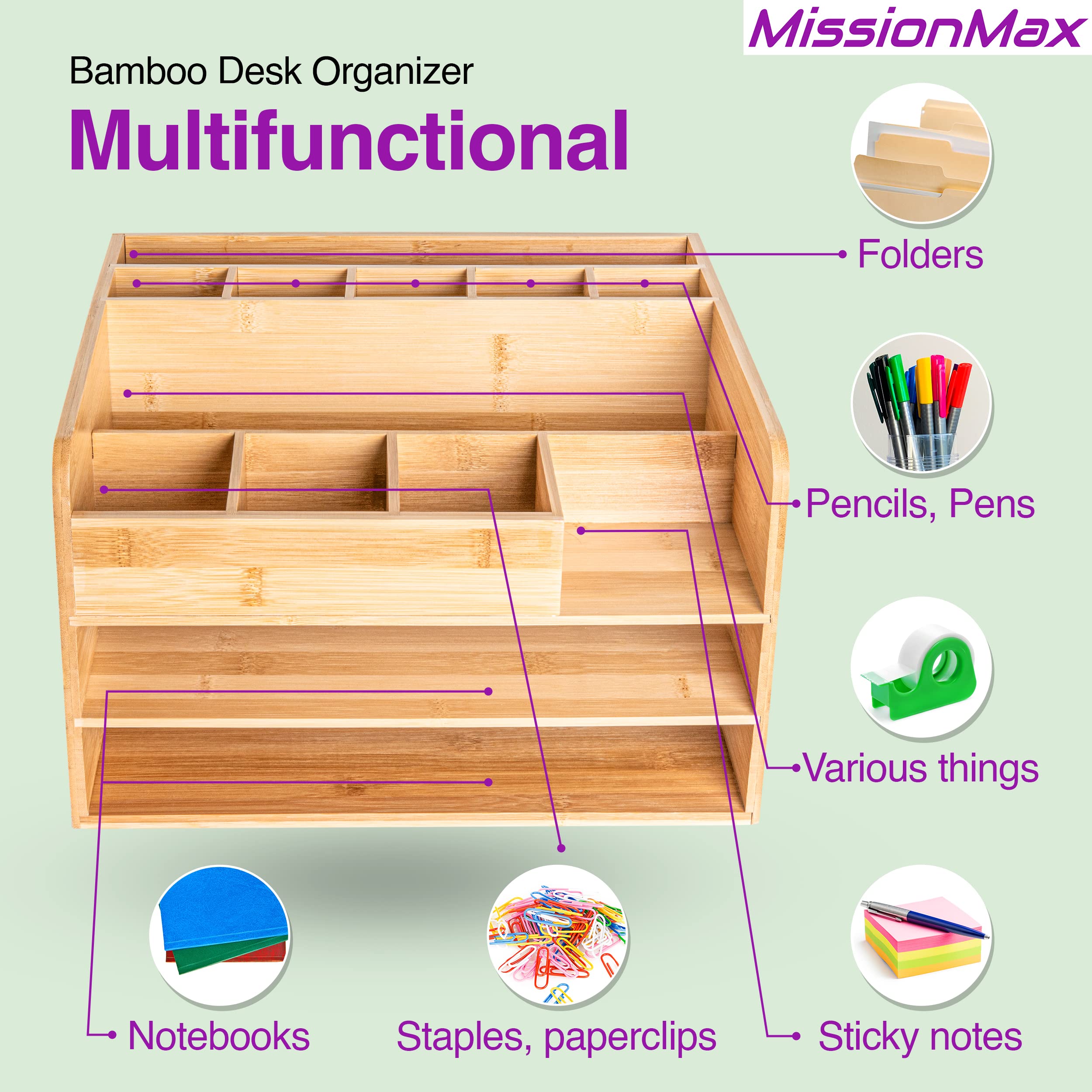 Premium Bamboo Wood Desk Organizer - 2-Tier File Trays & Storage Bins for Vertical Files, Pens, Notepads & Office Supplies | Perfect for Home Office, Study & Workspace Organization