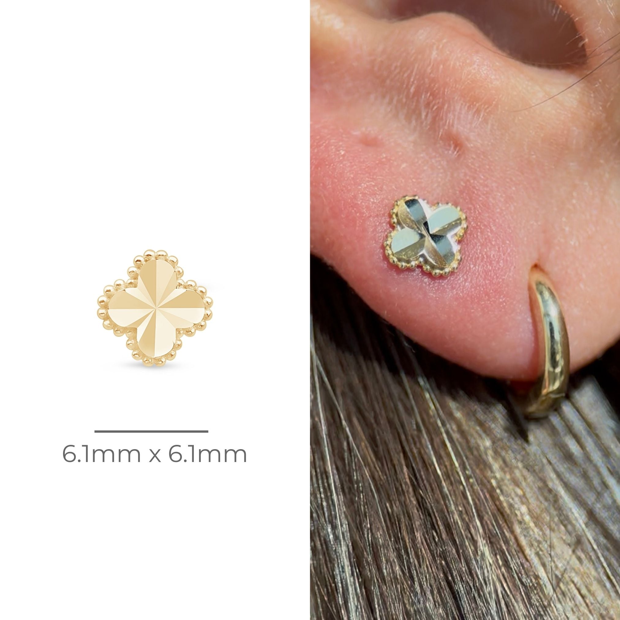14K Yellow Gold Diamond Cut Clover Stud Earrings - Solid Gold Flat Back Post for Women, Perfect for Everyday Wear & Special Occasions