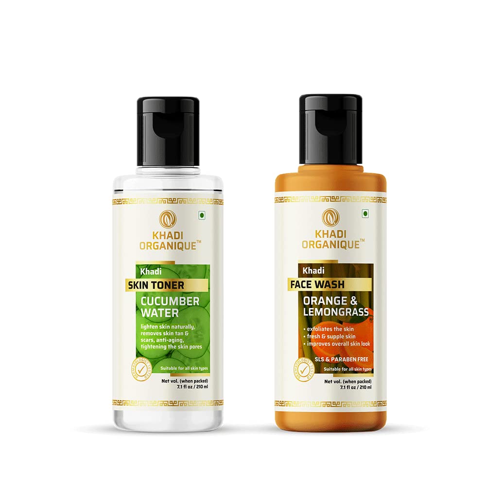 Khadi Organique Cucumber Water Skin Toner with Orange & Lemongrass Face Wash - Natural Ayurvedic Skincare for Hydration & Brightening | Perfect for Daily Cleansing & Refreshing Skin Routine