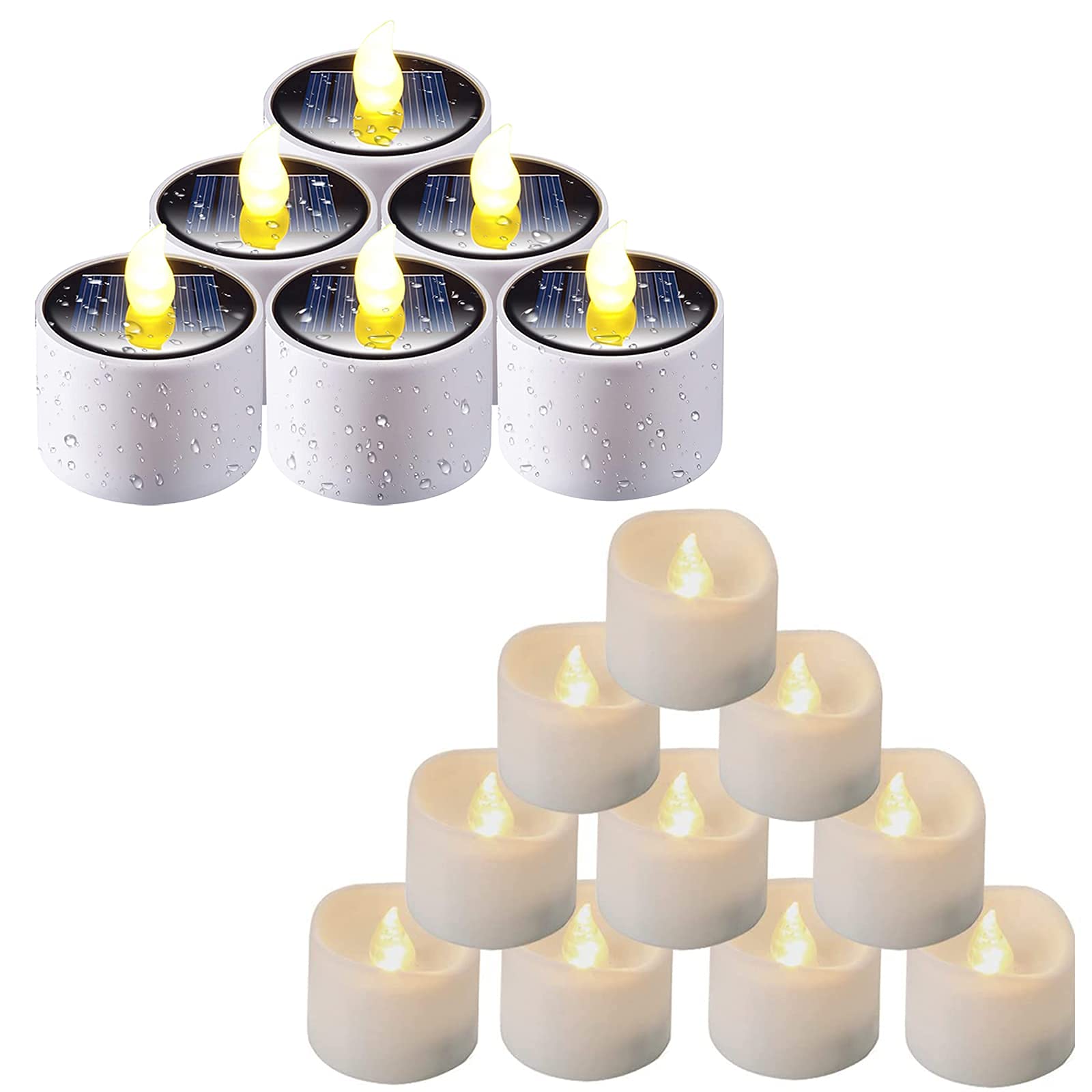 Homemory 12-Pack Battery Operated Timer Tea Lights & 6-Pack Solar Powered Waterproof Outdoor Tea Lights - Perfect for Weddings, Parties, Gardens, and Home Decor