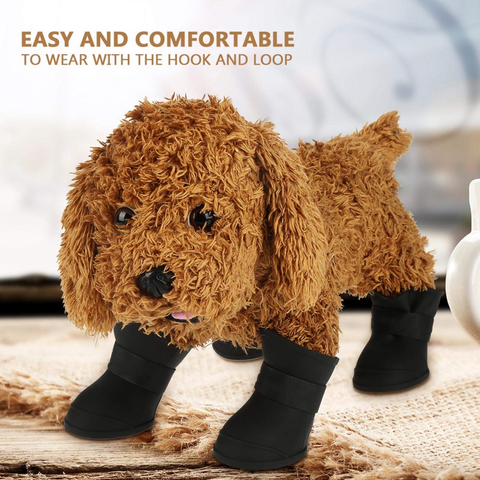 4 Pairs Waterproof Anti-Slip Dog Boots - Fashionable Silicone Pet Shoes for Puppy & Small Dogs - Protective Rain & Winter Boots for Walking, Hiking & Outdoor Adventures (Black, Medium)