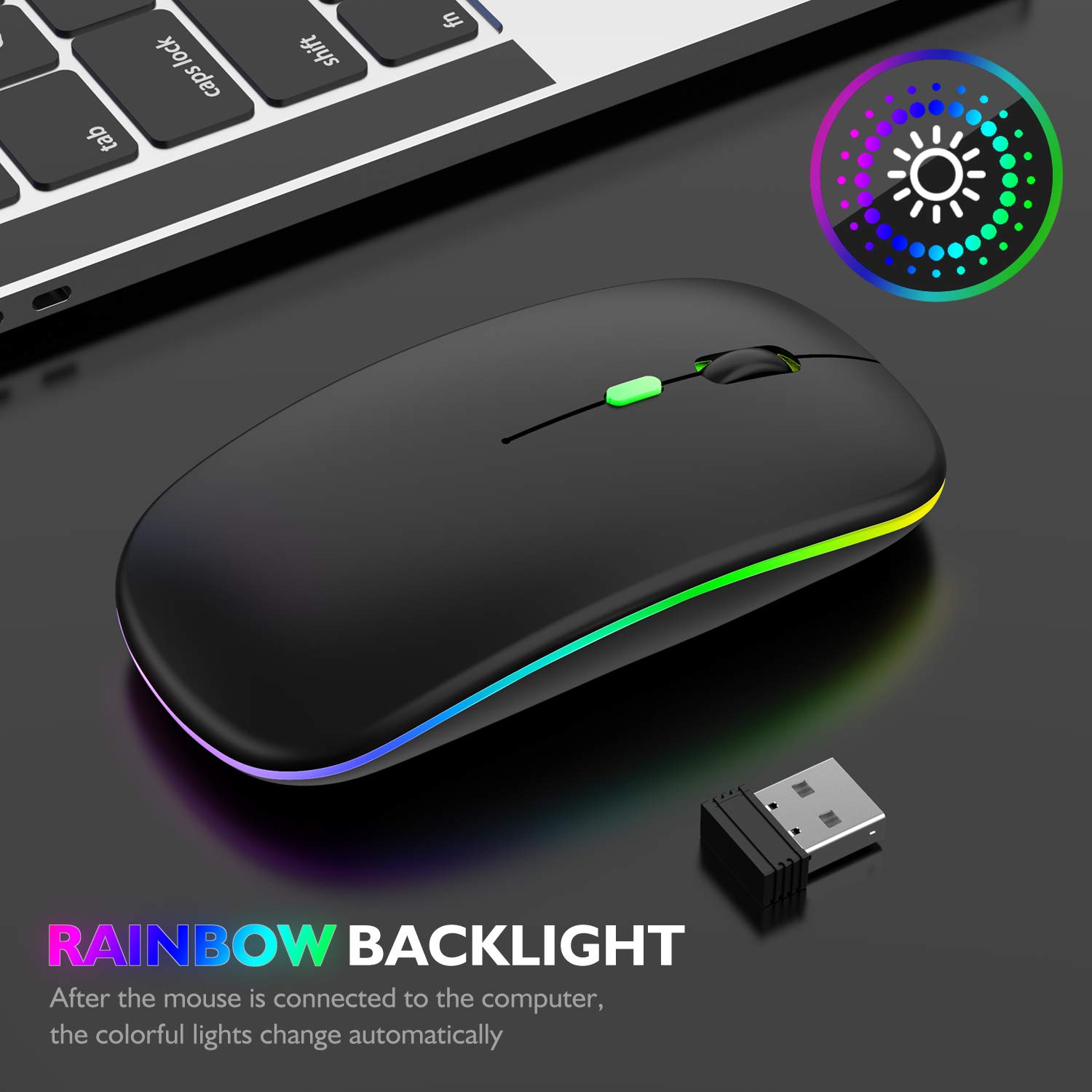 Wireless Bluetooth Mouse for MacBook Pro/Air - Rechargeable, 7-Color LED Backlit, Ergonomic Design (Black) | Perfect for Office Work, Gaming & Travel