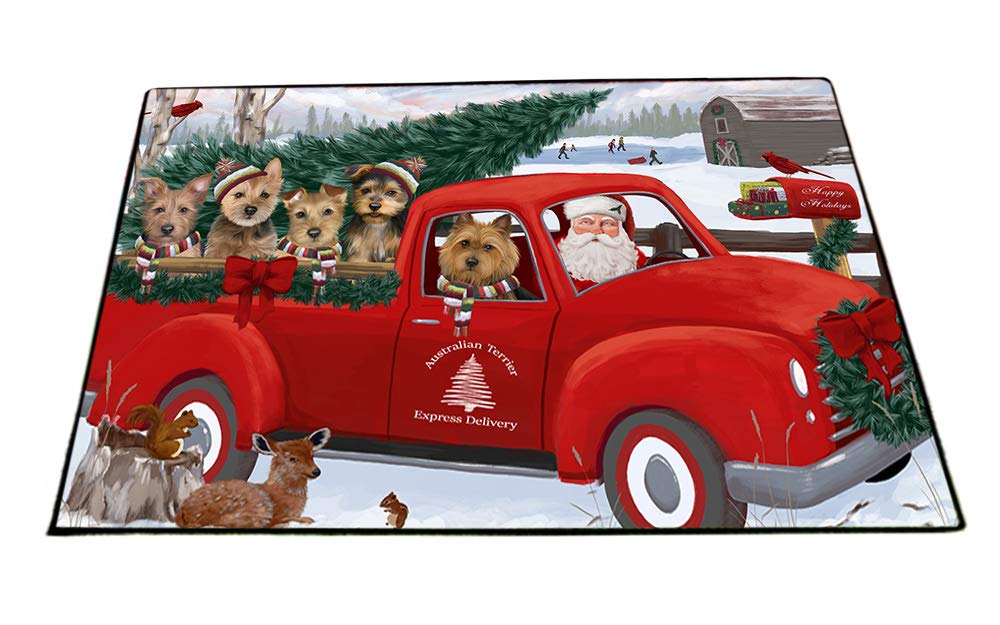 Christmas Santa Express Delivery Red Truck Australian Terrier Dogs Non-Slip Pet Door Mat - Indoor/Outdoor Front Entrance Rug for Home - Washable Pet Portrait Floor Mat 18x24 inches - Perfect for Holiday Decor & Pet-Friendly Entryways