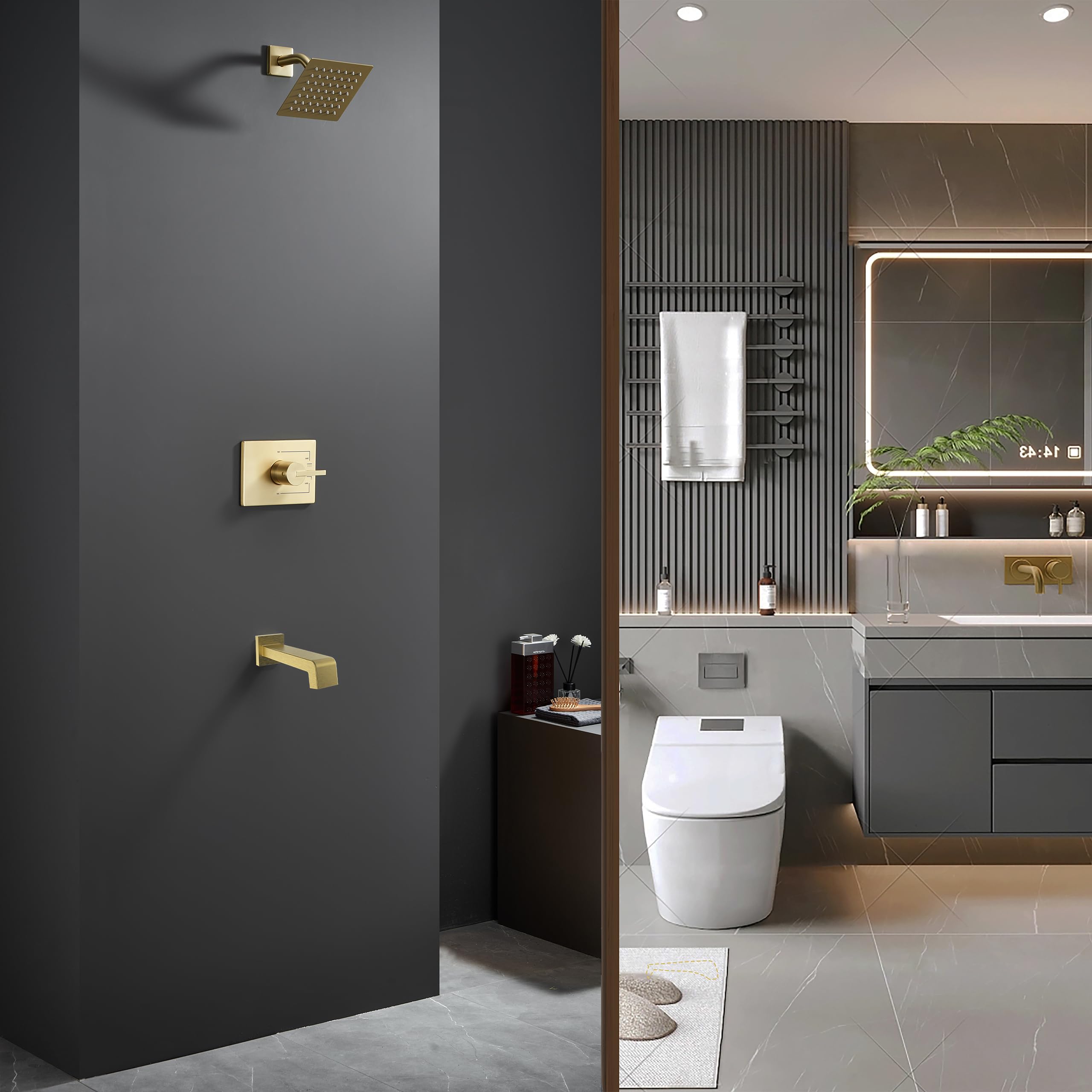 Brushed Gold Shower Fixture Set - 6 Inch Gold Shower Head with Tub Spout & Handle (Valve Included) - Luxury Bathroom Faucet Combo for Modern Home & Spa Experience