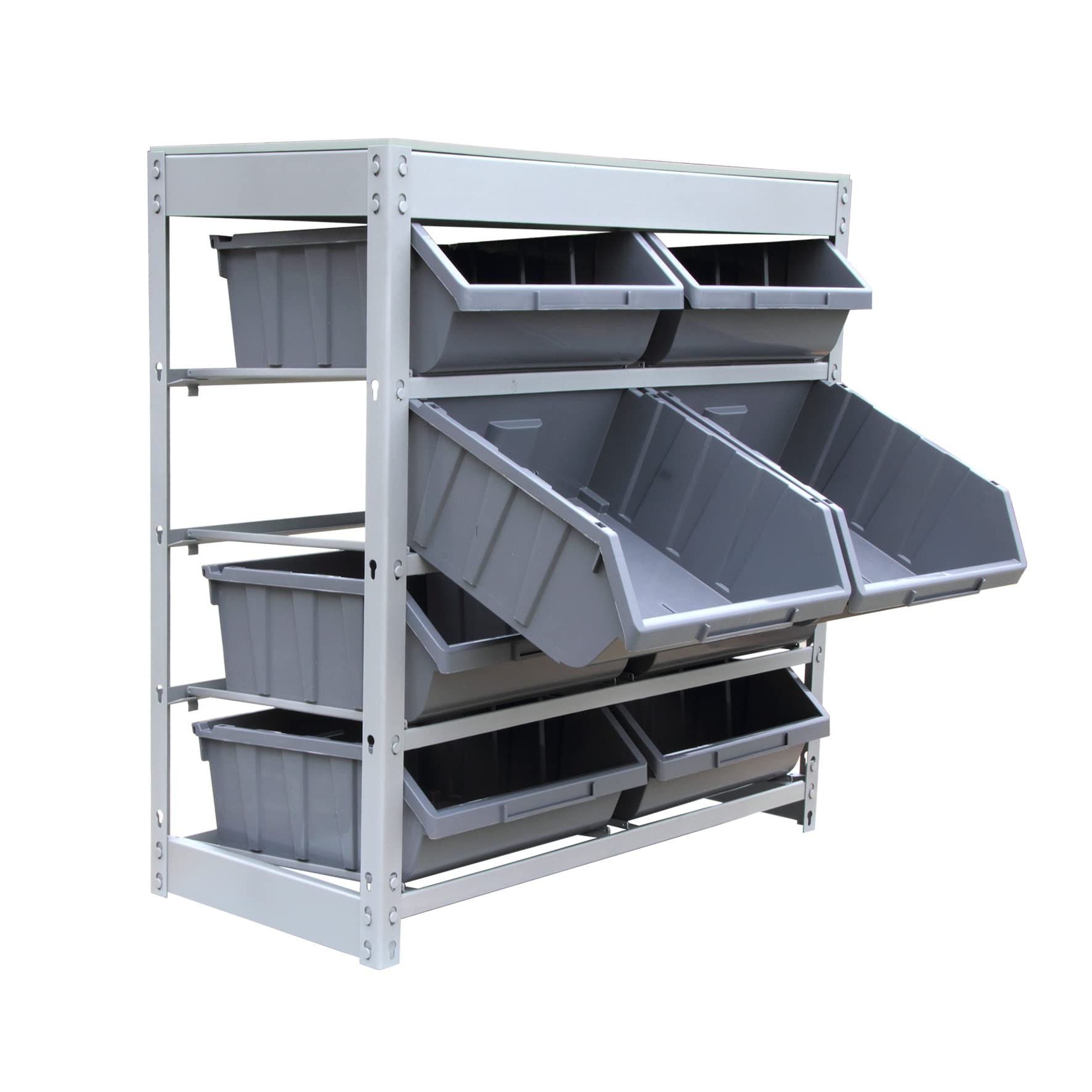 King's Rack 4-Tier Boltless Steel Storage Shelf with 8 Plastic Bins - Heavy Duty Garage Shelving Unit for Home Organization, Warehouse, Retail Store & Workshop Storage Solutions