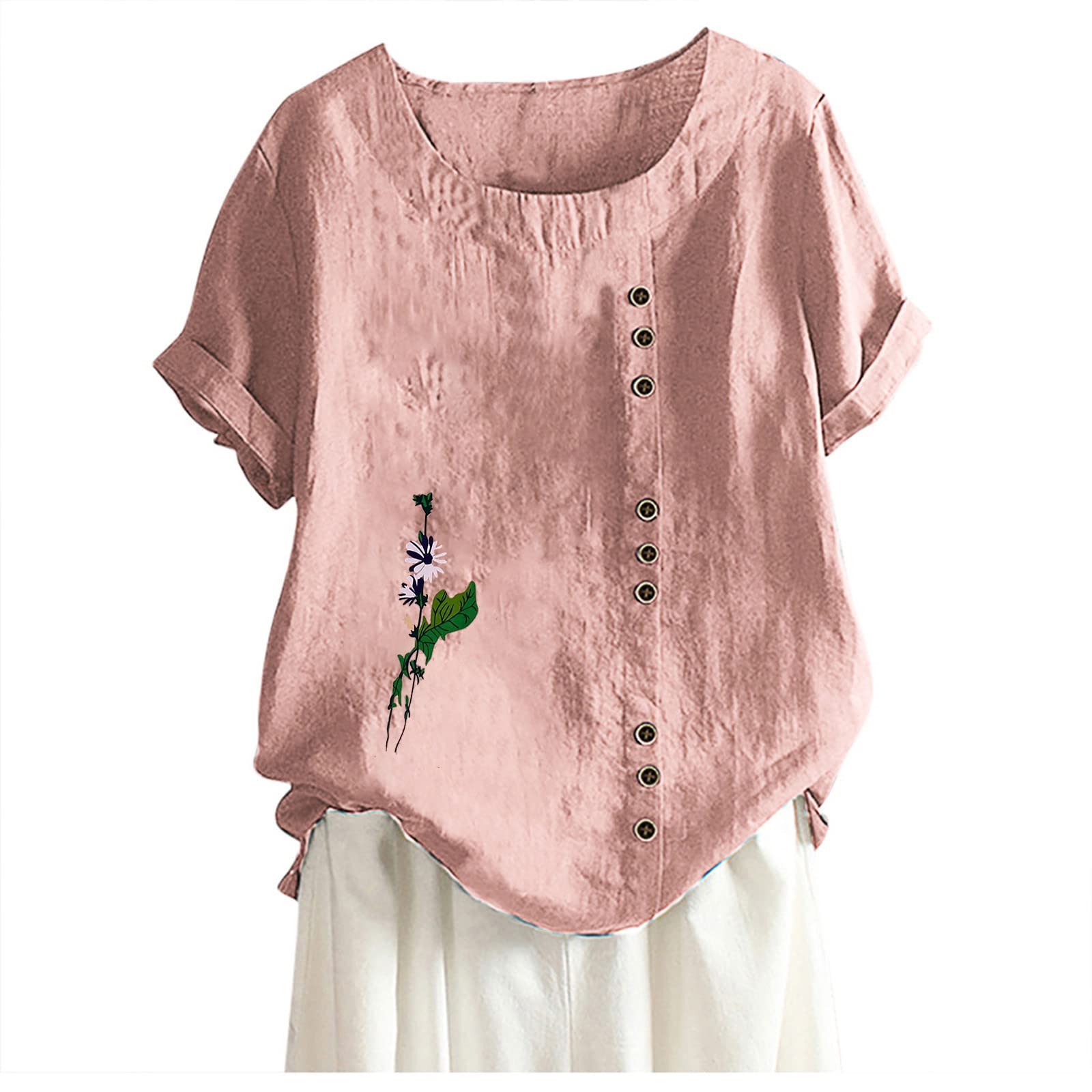 Women's Summer Floral Print Cotton Linen Short Sleeve T-Shirt - Loose Fit Casual Crew Neck Blouse for Plus Size - Perfect for Beach Outings, Picnics & Everyday Wear