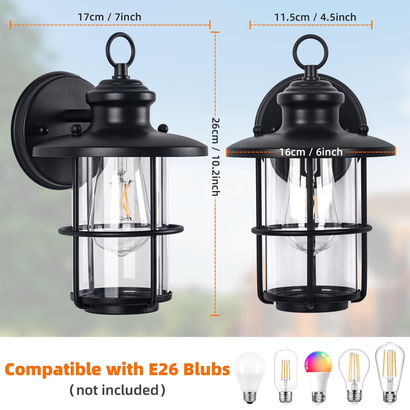 2 Pack Outdoor Wall Sconce Lights - Waterproof Exterior Light Fixtures with Clear Glass Shade, Rust-Resistant Porch Lighting (E26 Base) - Perfect for Patio, Garden, Deck & Entryway Lighting