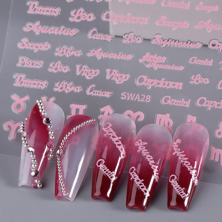 6 Sheets English Letters Nail Stickers - 3D Self-Adhesive Gold Silver Pink Zodiac Constellation Nail Art Decals for Women | Perfect for DIY Nail Art, Parties, Gifts & Salon Use