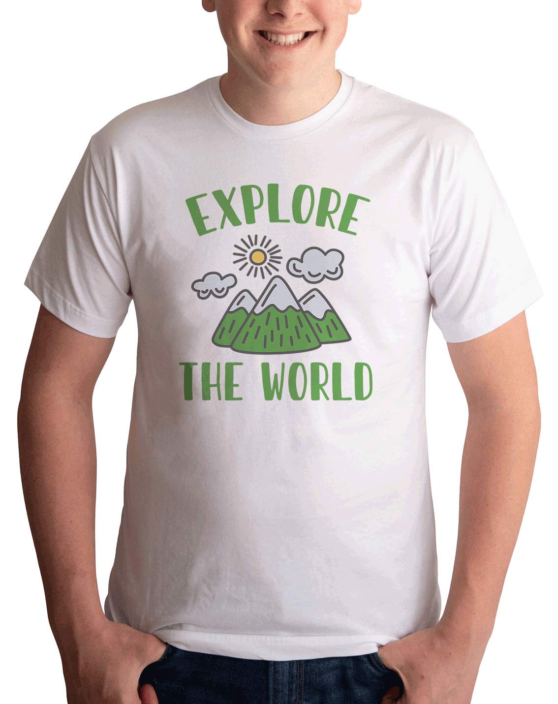 Explore The World Mountains Men's White T-Shirt - 7 ate 9 Apparel | Casual Travel & Outdoor Adventure Tee for Hiking, Camping & Road Trips