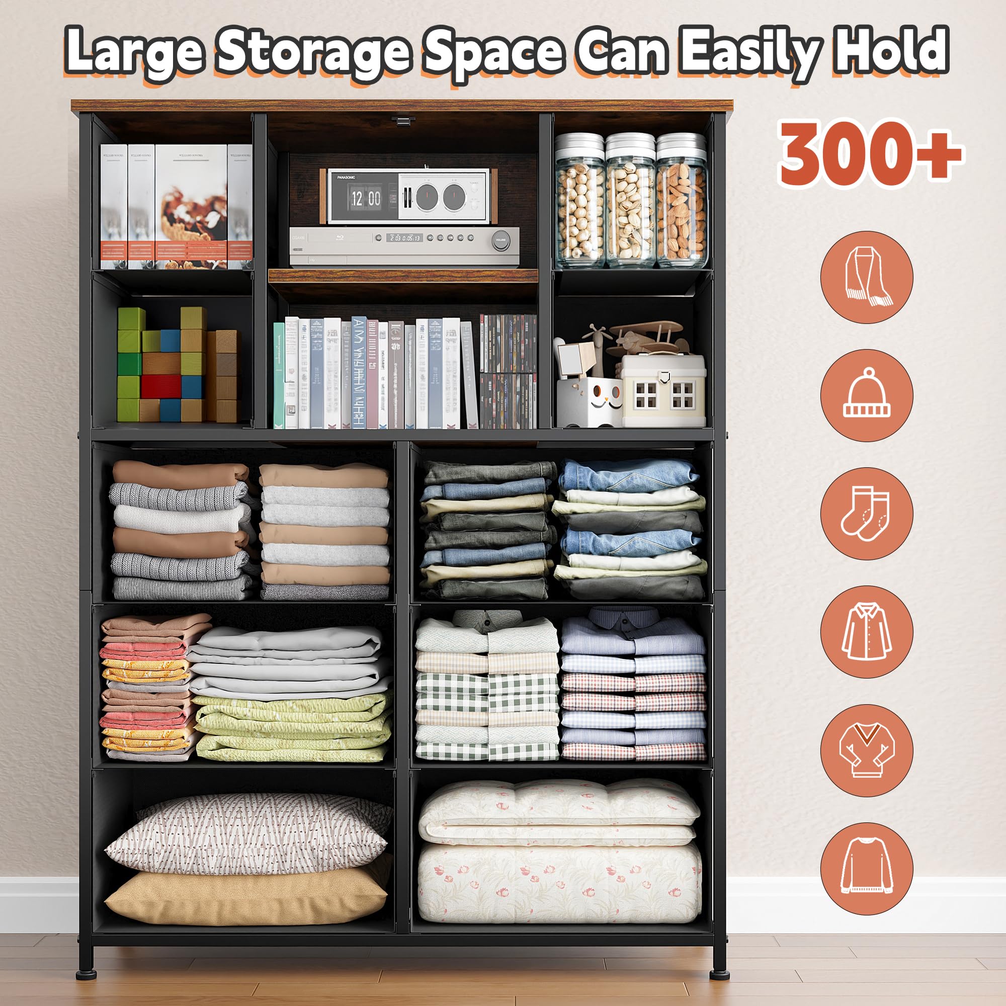 Rustic Brown Tall Dresser with 10 Fabric Drawers - Wood Top & Metal Frame Bedroom Storage Organizer for Closet or Entryway (48.1