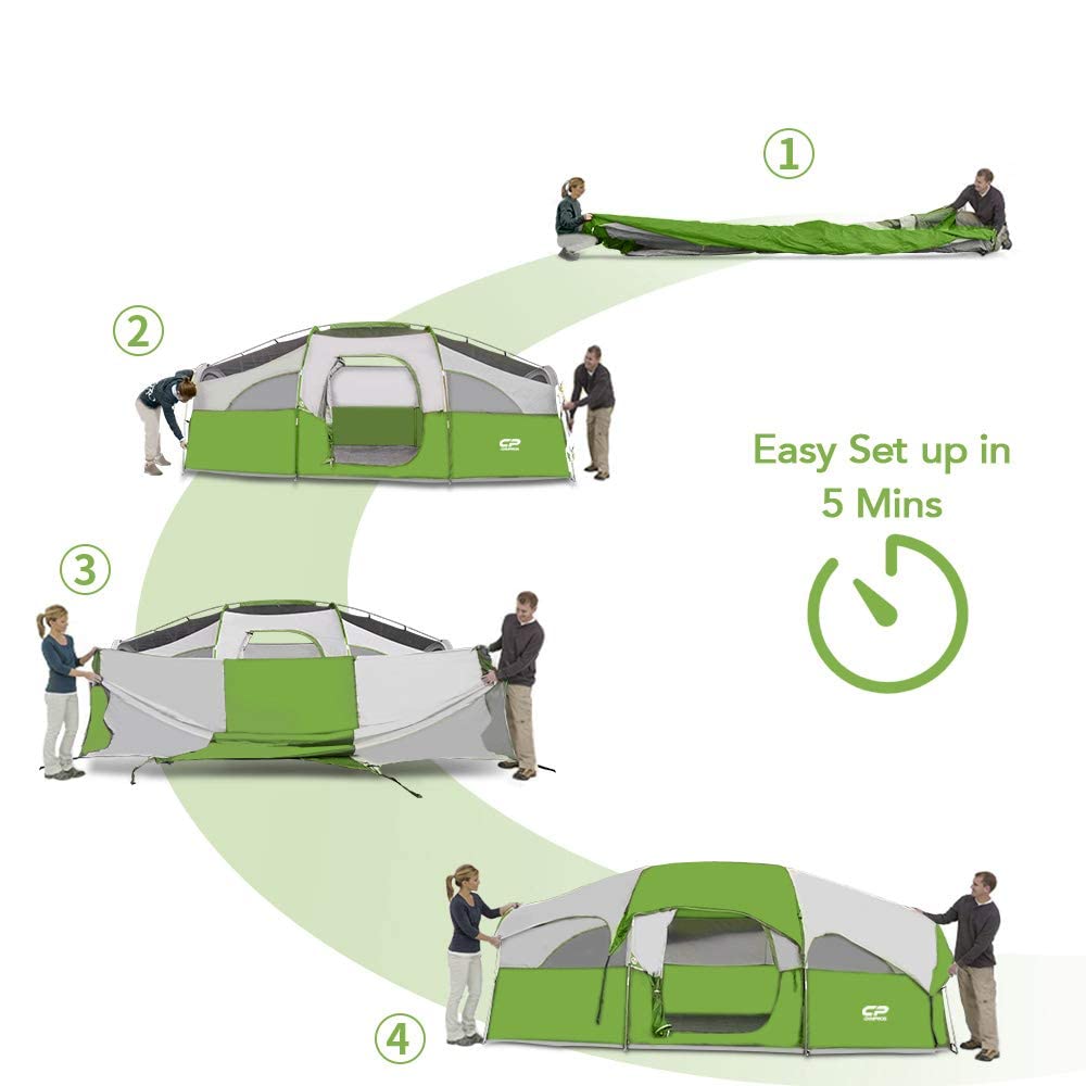 CP Tent 8-Person Waterproof Camping Tent - Family Dome Tent with 5 Mesh Windows & Room Divider - Lightweight Portable Outdoor Tent with Carry Bag for Camping, Hiking, and Backpacking Adventures