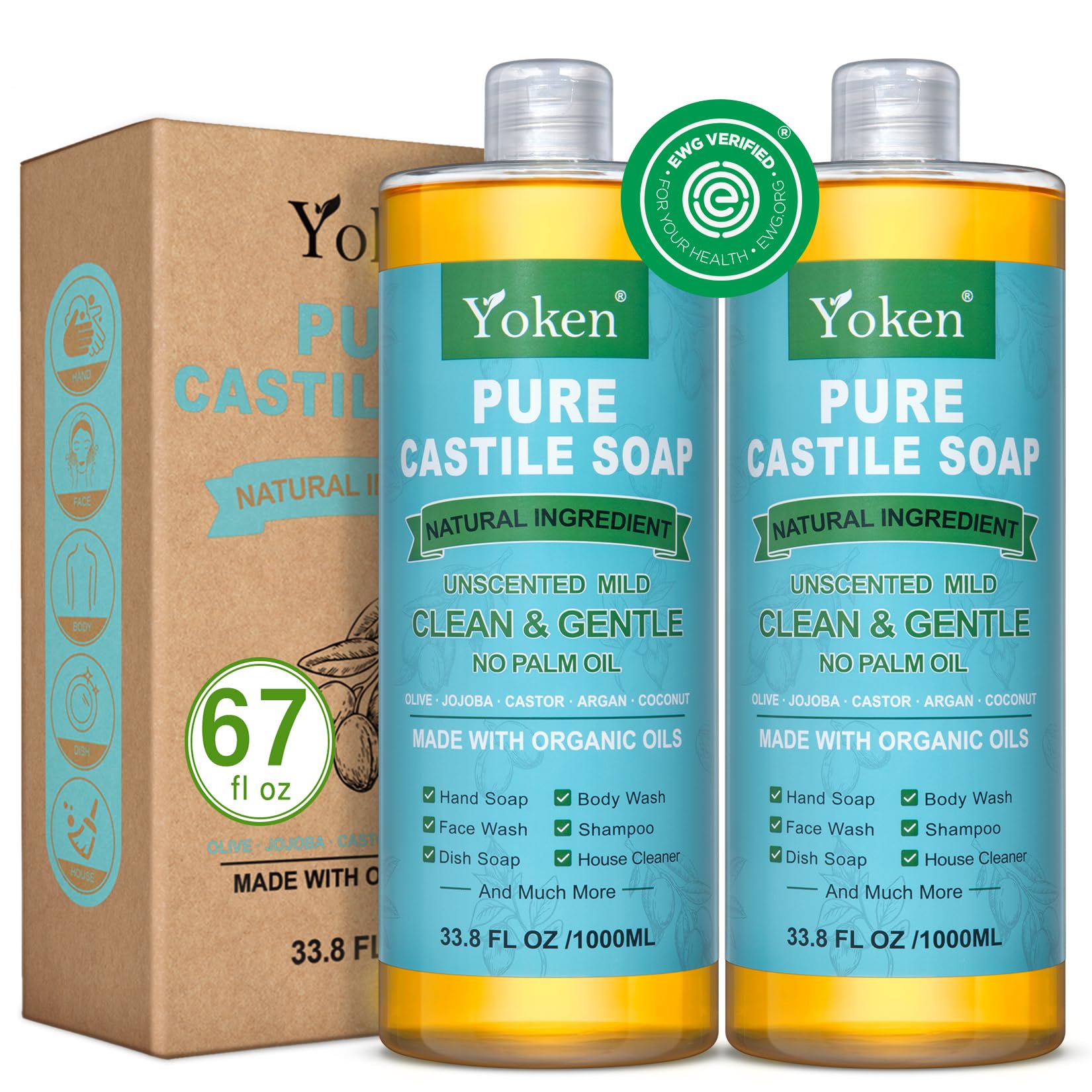 Organic Unscented Pure Castile Liquid Soap 67 fl oz - Vegan, Palm Oil Free, Gentle Multi-Purpose Soap for Face, Body, Hand Wash & Dishes | Perfect for Sensitive Skin, Baby Care & Eco-Friendly Cleaning