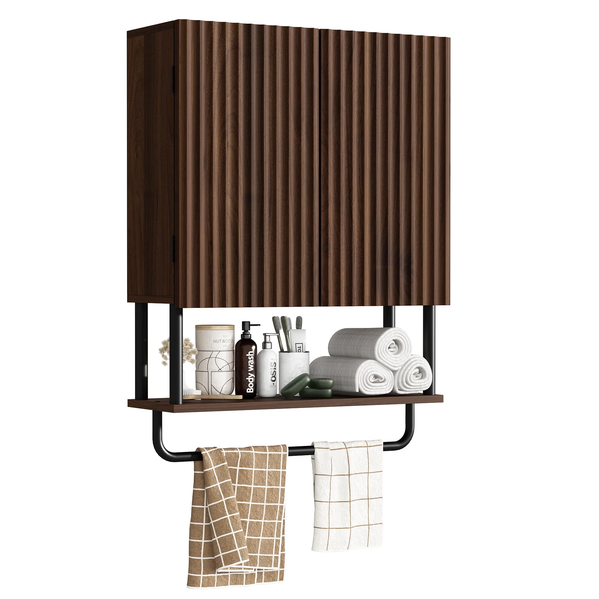 RUSTOWN 2-Door Fluted Bathroom Wall Cabinet with Adjustable Shelf & Towel Bar - 3-Tier Modern Farmhouse Medicine Cabinet for Over The Toilet Storage (Dark Walnut, Medium) - Perfect for Bathroom Organization & Small Space Storage Solutions
