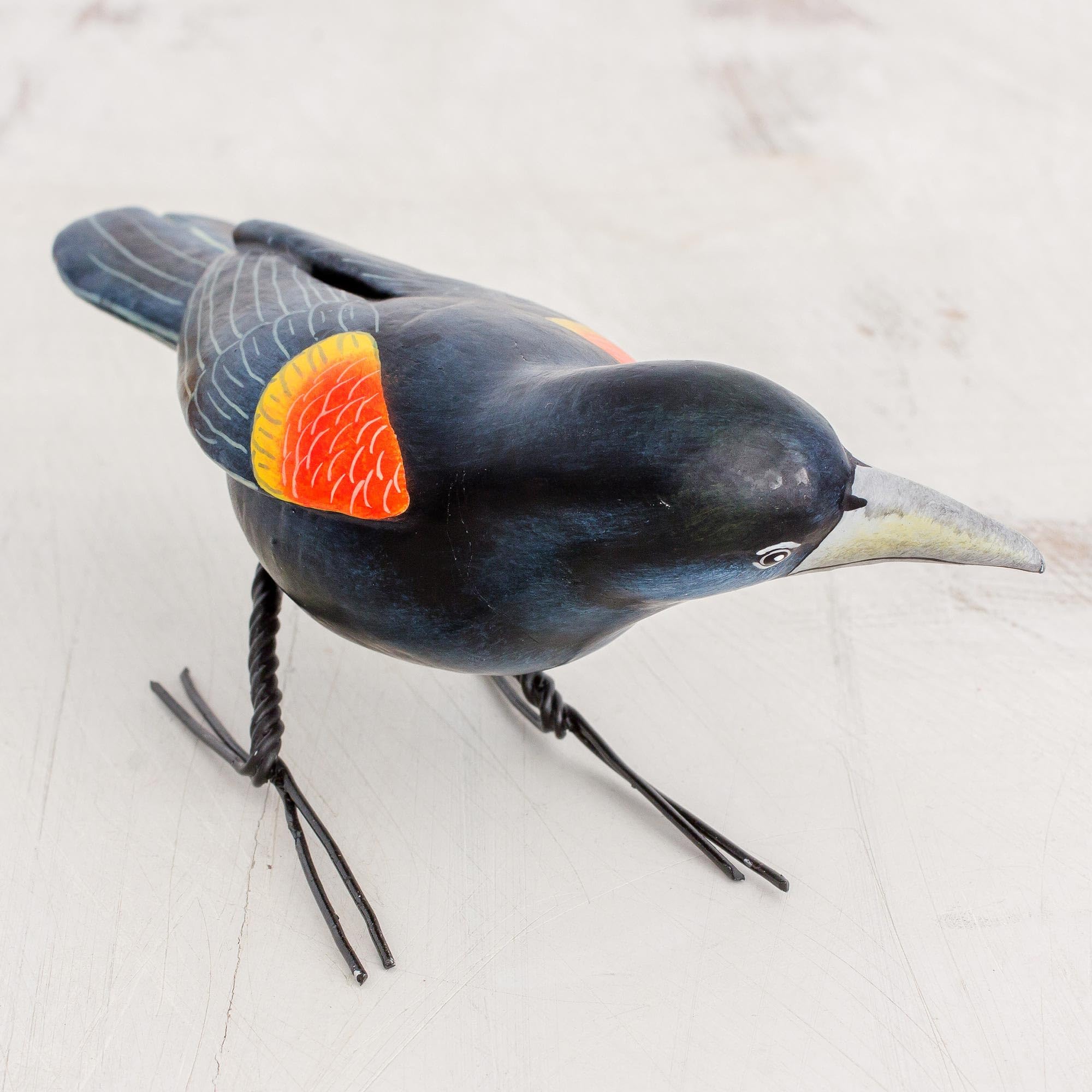 Handmade Guatemalan Ceramic Red-Winged Blackbird Sculpture - Artisan Crafted Blue Bird Figurine (5.5