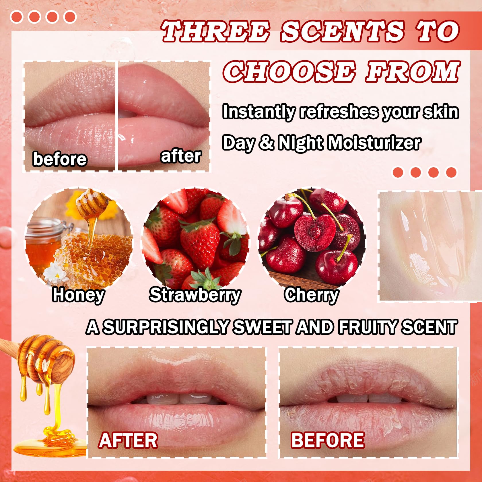 3PCS Bee Lip Balm Set - Honey Pot with Brush, Hydrating Day & Night Lip Mask, Tinted Lip Balm (Honey, Strawberry, Cherry) - Non-Greasy Exfoliator & Moisturizer for Dry Lips - Perfect for Daily Care, Gifts & Travel