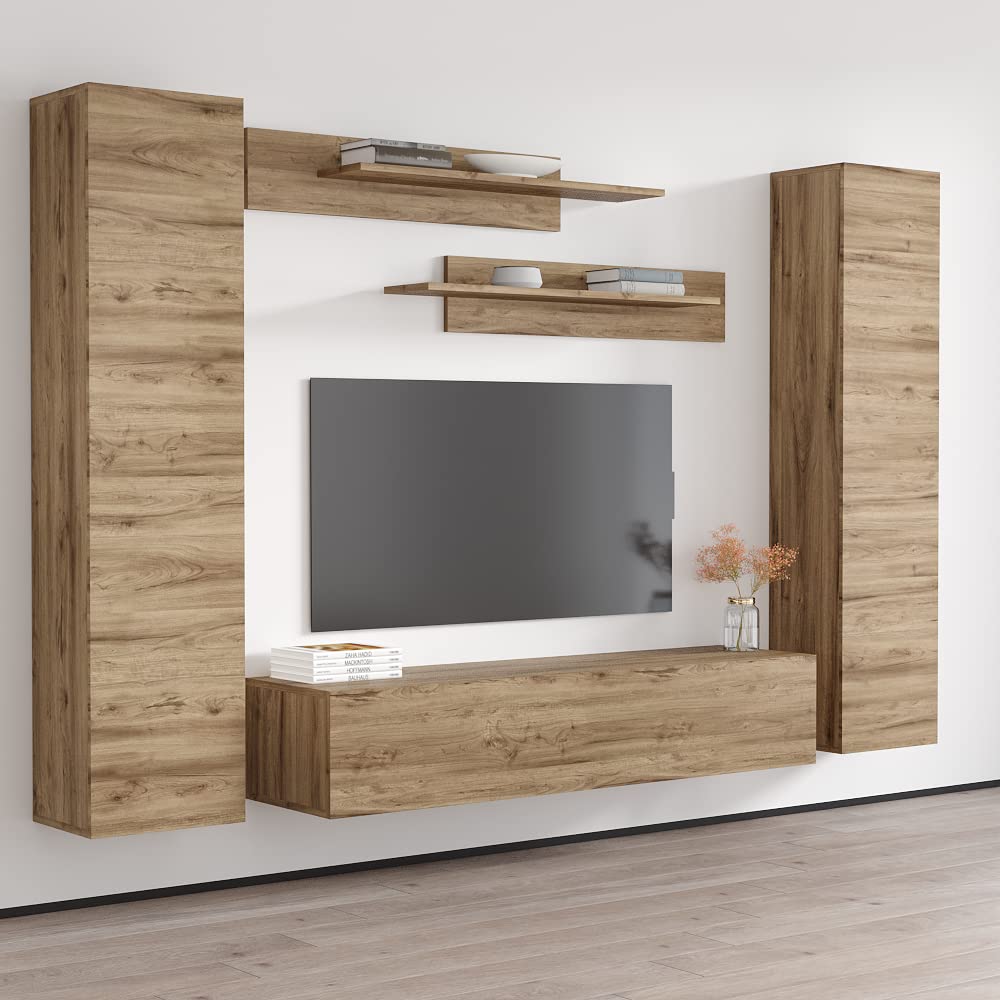 Modern Oak Wall-Mounted TV Stand with Storage Shelves & LED Lights - Floating Entertainment Center Console for Living Room & Bedroom - Perfect for Small Spaces & Home Theater Setups - Meble Furniture Fly AB1 30TV Stand