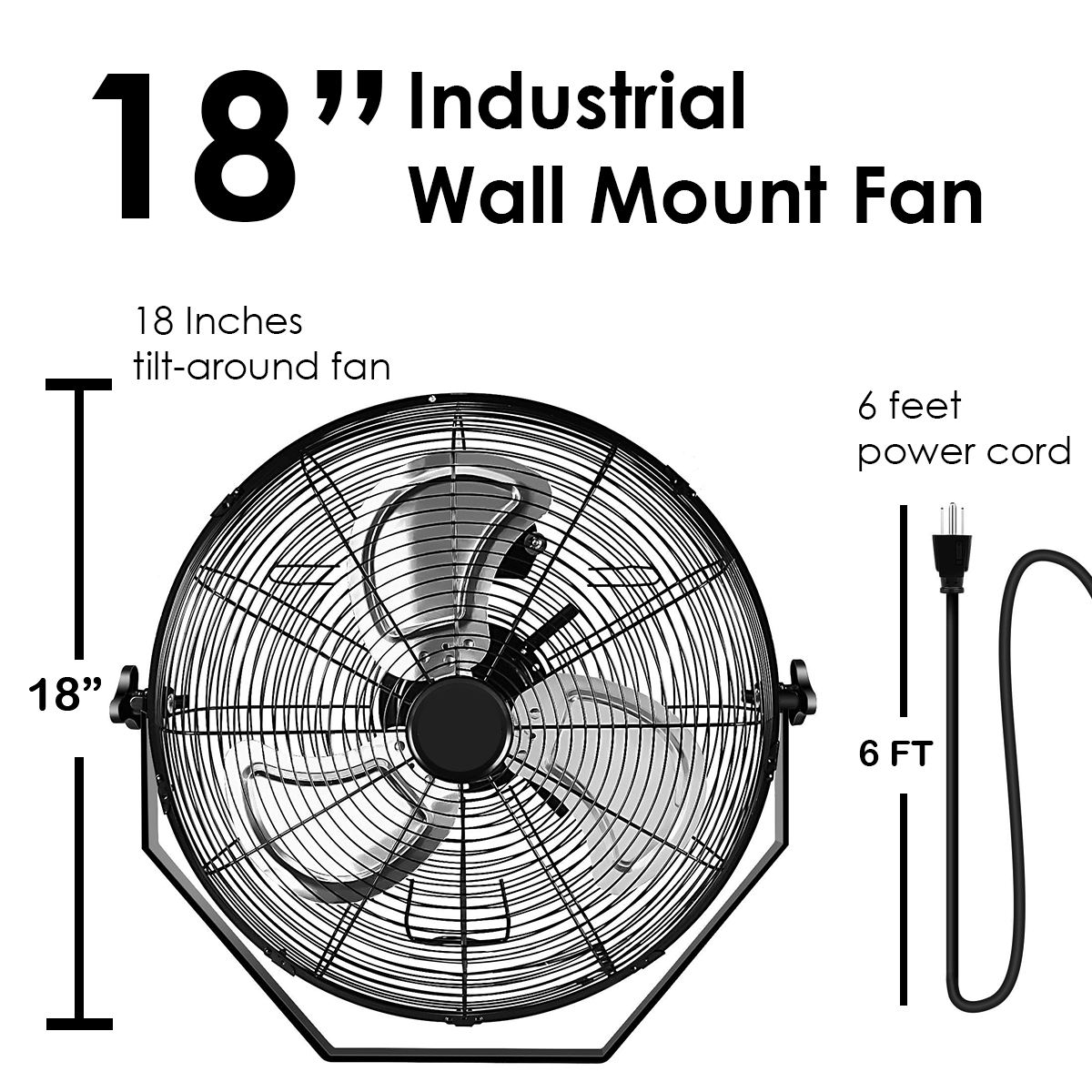 18 Inch Black Industrial Wall Mount Fan - 3 Speed High Velocity Metal Fan for Indoor & Outdoor Commercial Ventilation | Perfect for Warehouses, Garages, Workshops & Patios