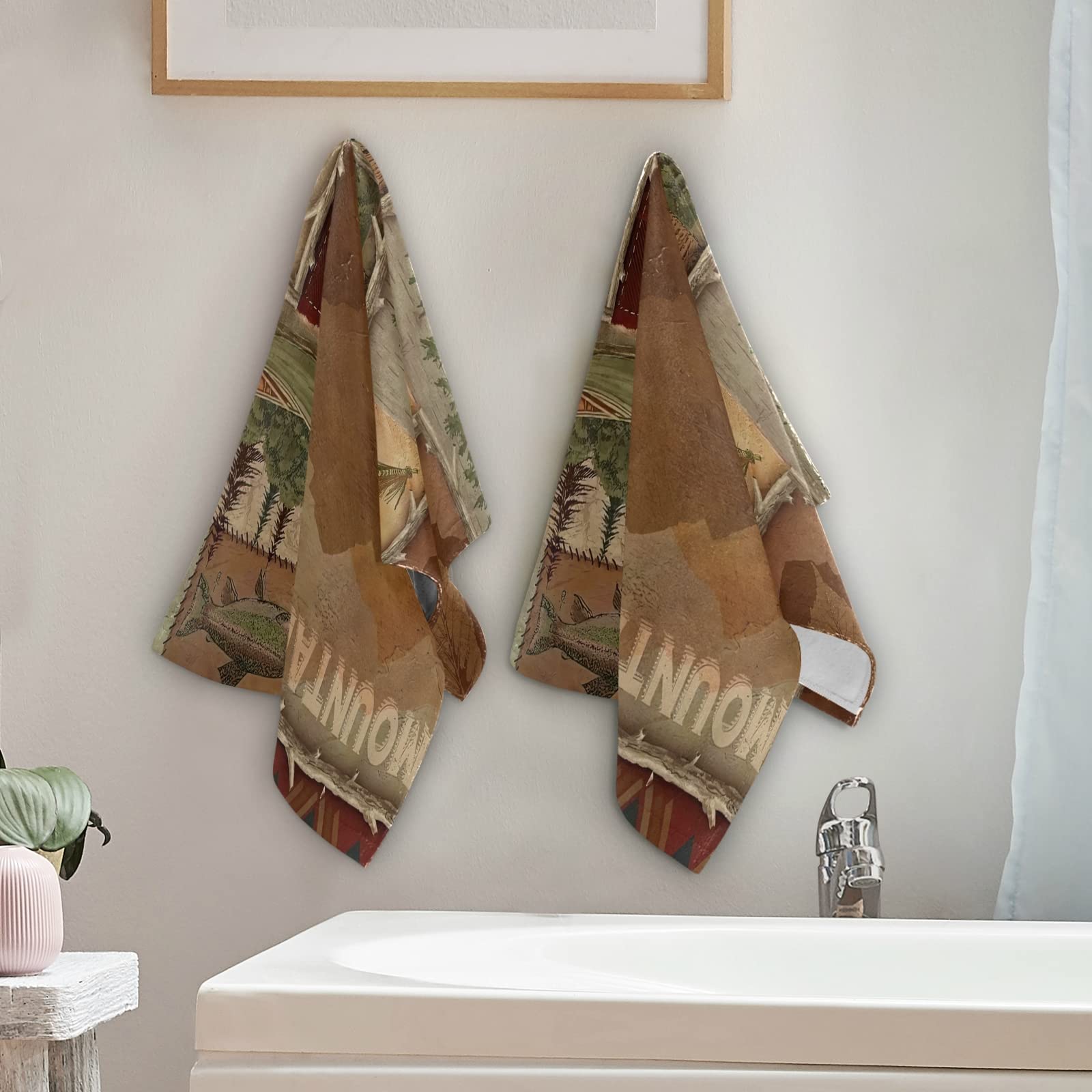 Farmhouse Hand Towels Set of 2 - Soft, Absorbent Kitchen & Bath Towels with Maple Leaf Bear Cabin Design - Country Style Decorative Towels for Bathroom, Kitchen, Dish, Spa & Yoga - 14.4