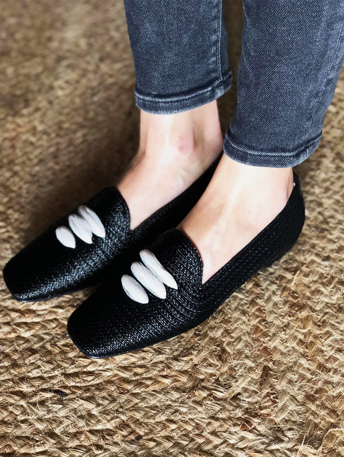 Casablanca Vegan Moccasins - Eco-Friendly Raffia Slip-On Shoes for Women | Black | Perfect for Beach, Summer & Casual Outings
